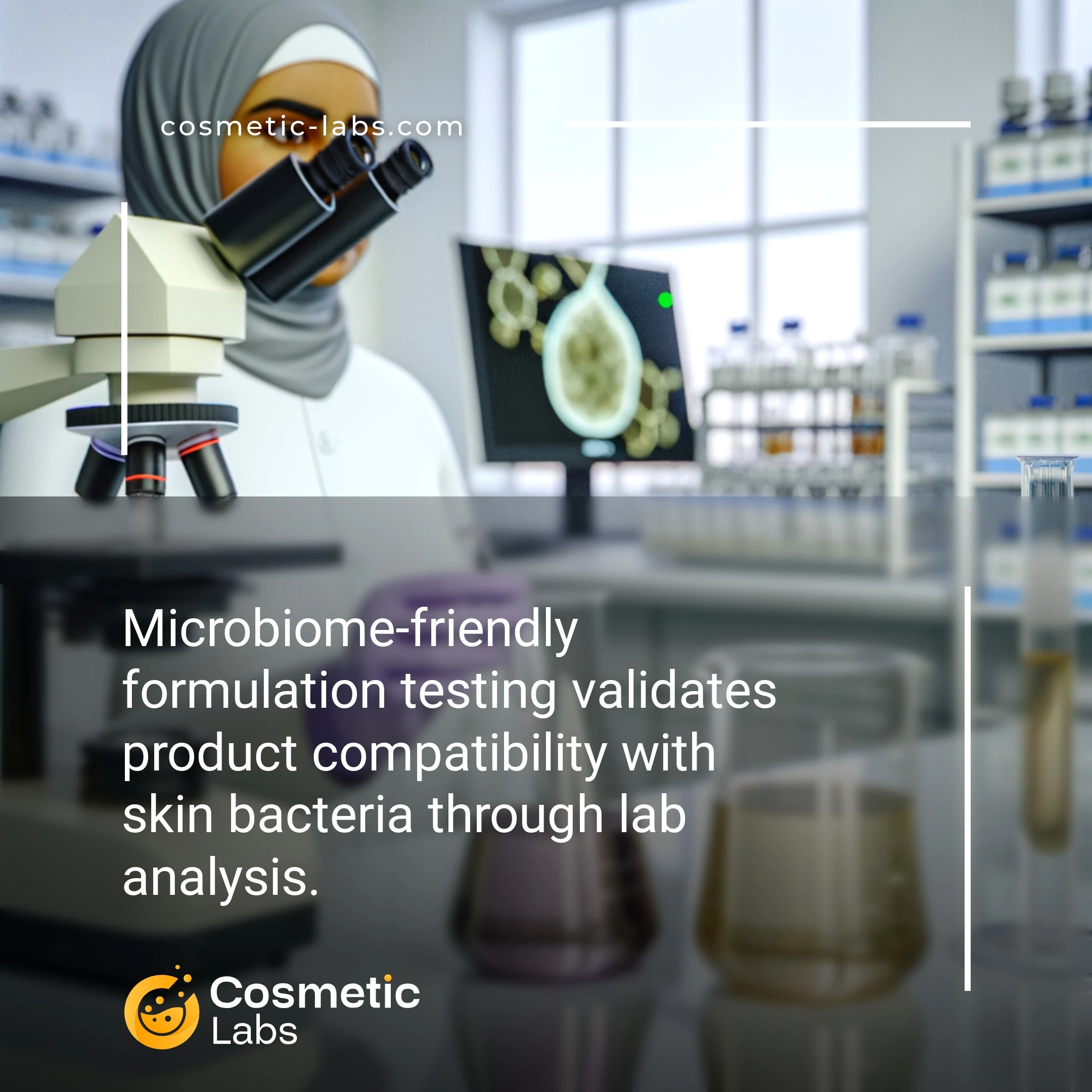 Illustration of Microbiome friendly formulation testing services. Microbiome-friendly formulation testing validates product compatibility with skin bacteria through lab analysis.