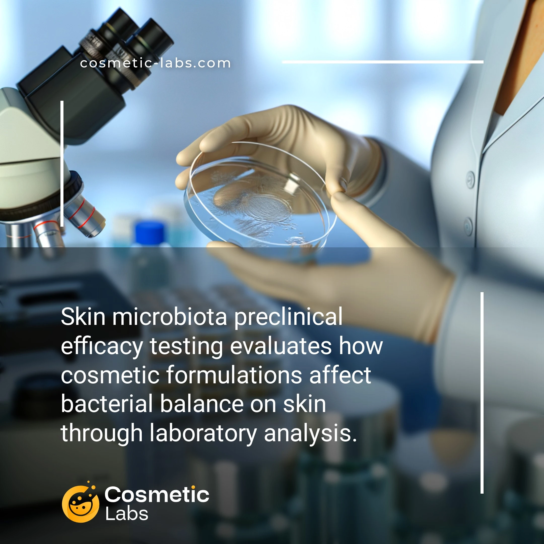 Illustration of Skin microbiota efficacy testing services. Skin microbiota preclinical efficacy testing evaluates how cosmetic formulations affect bacterial balance on skin through laboratory analysis.