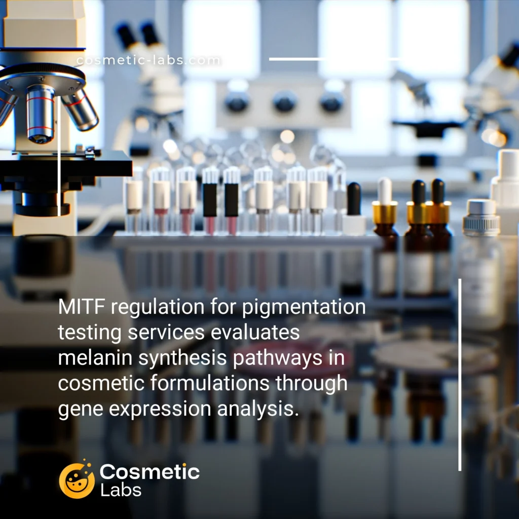 Illustration of MITF regulation services. MITF regulation for pigmentation testing services evaluates melanin synthesis pathways in cosmetic formulations through gene expression analysis.