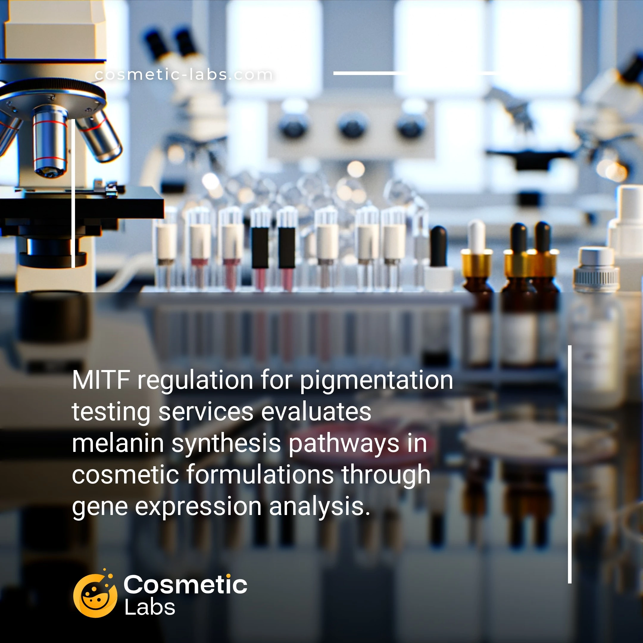 Illustration of MITF regulation services. MITF regulation for pigmentation testing services evaluates melanin synthesis pathways in cosmetic formulations through gene expression analysis.