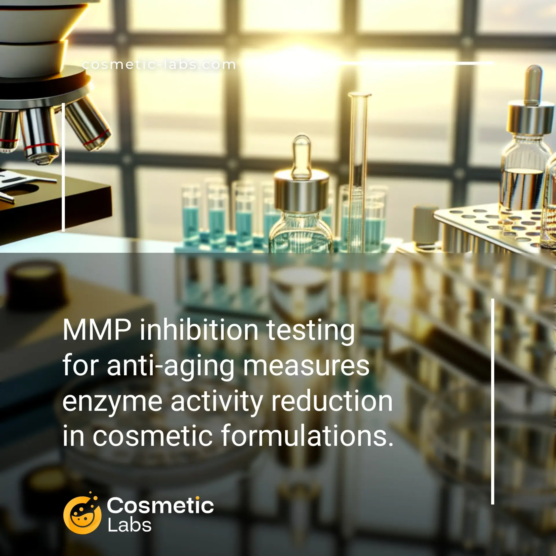 Illustration of Matrix metalloproteinases (MMPs) inhibition testing services. MMP inhibition testing for anti-aging measures enzyme activity reduction in cosmetic formulations.