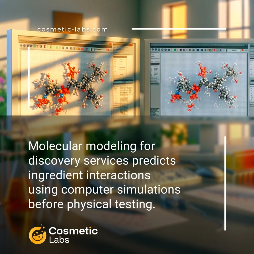 Illustration of Molecular modeling services. Molecular modeling for discovery services predicts ingredient interactions using computer simulations before physical testing.