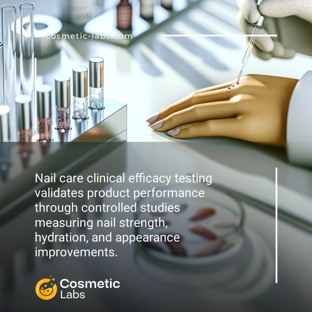 Illustration of Nail care efficacy testing services. Nail care clinical efficacy testing validates product performance through controlled studies measuring nail strength, hydration, and appearance improvements.