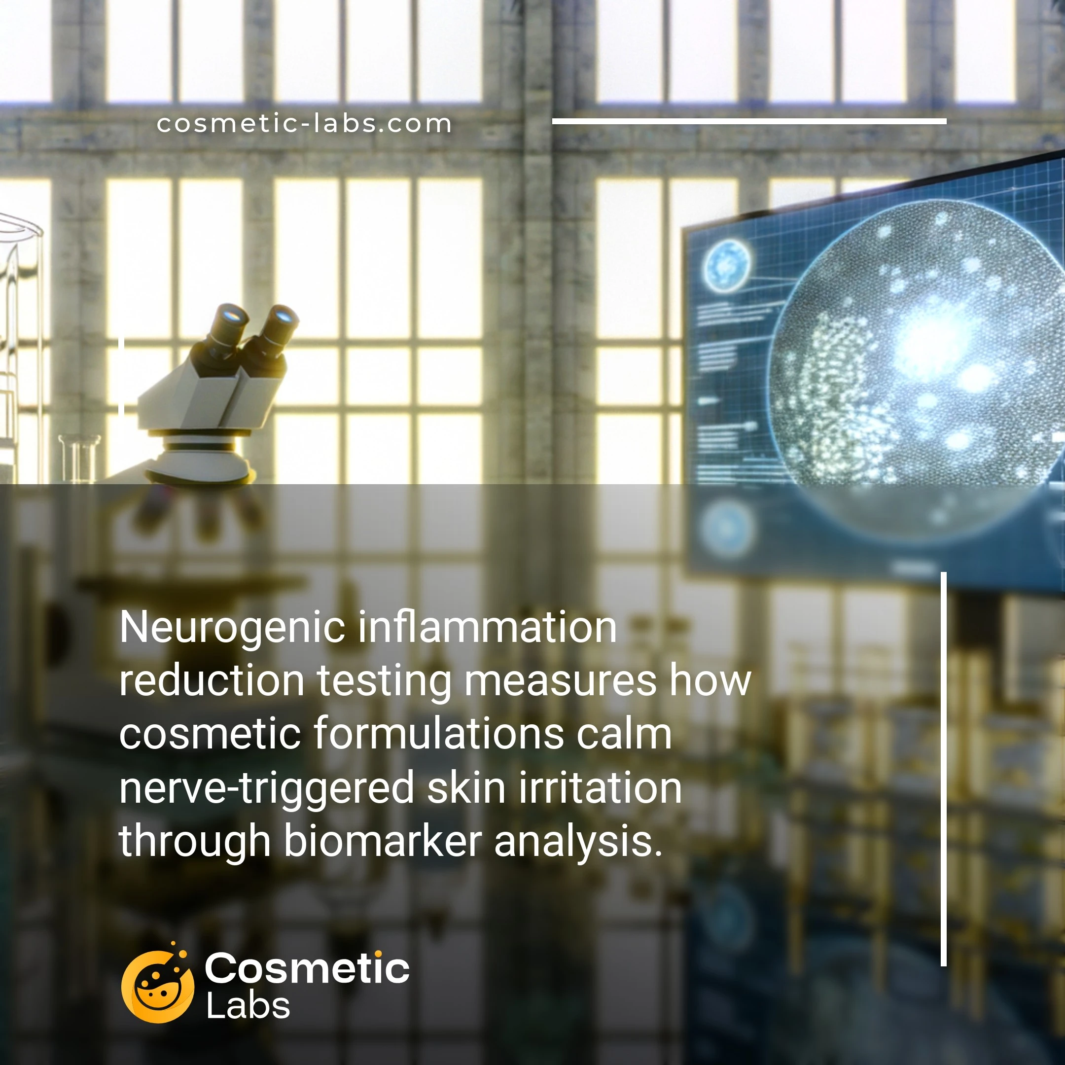 Illustration of Neurogenic inflammation reduction services. Neurogenic inflammation reduction testing measures how cosmetic formulations calm nerve-triggered skin irritation through biomarker analysis.