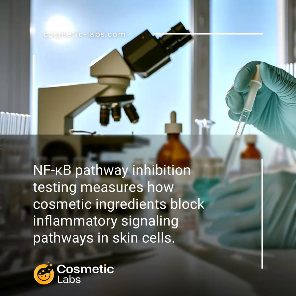 Illustration of NF-κB pathway inhibition services. NF-κB pathway inhibition testing measures how cosmetic ingredients block inflammatory signaling pathways in skin cells.