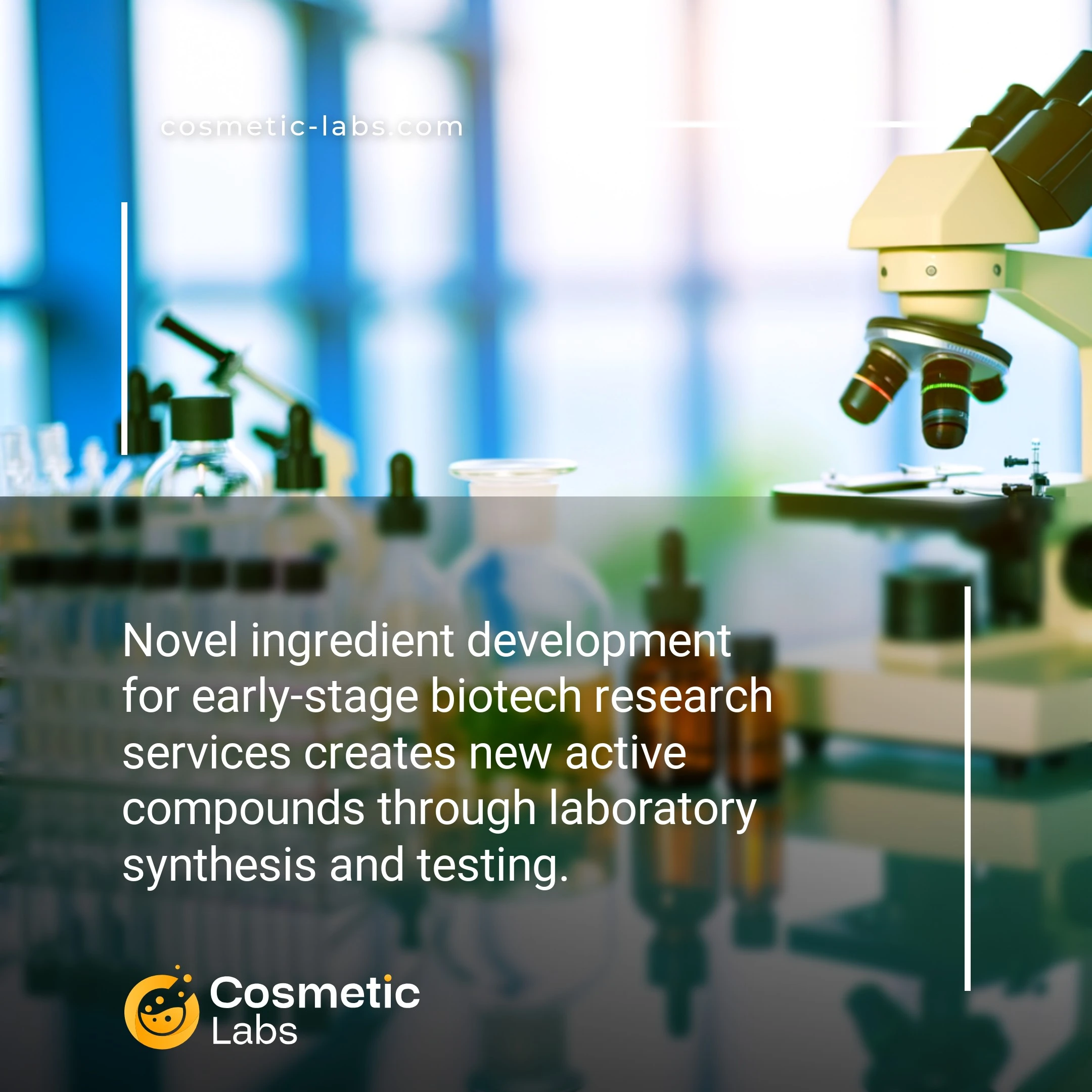 Illustration of Novel ingredient development services. Novel ingredient development for early-stage biotech research services creates new active compounds through laboratory synthesis and testing.