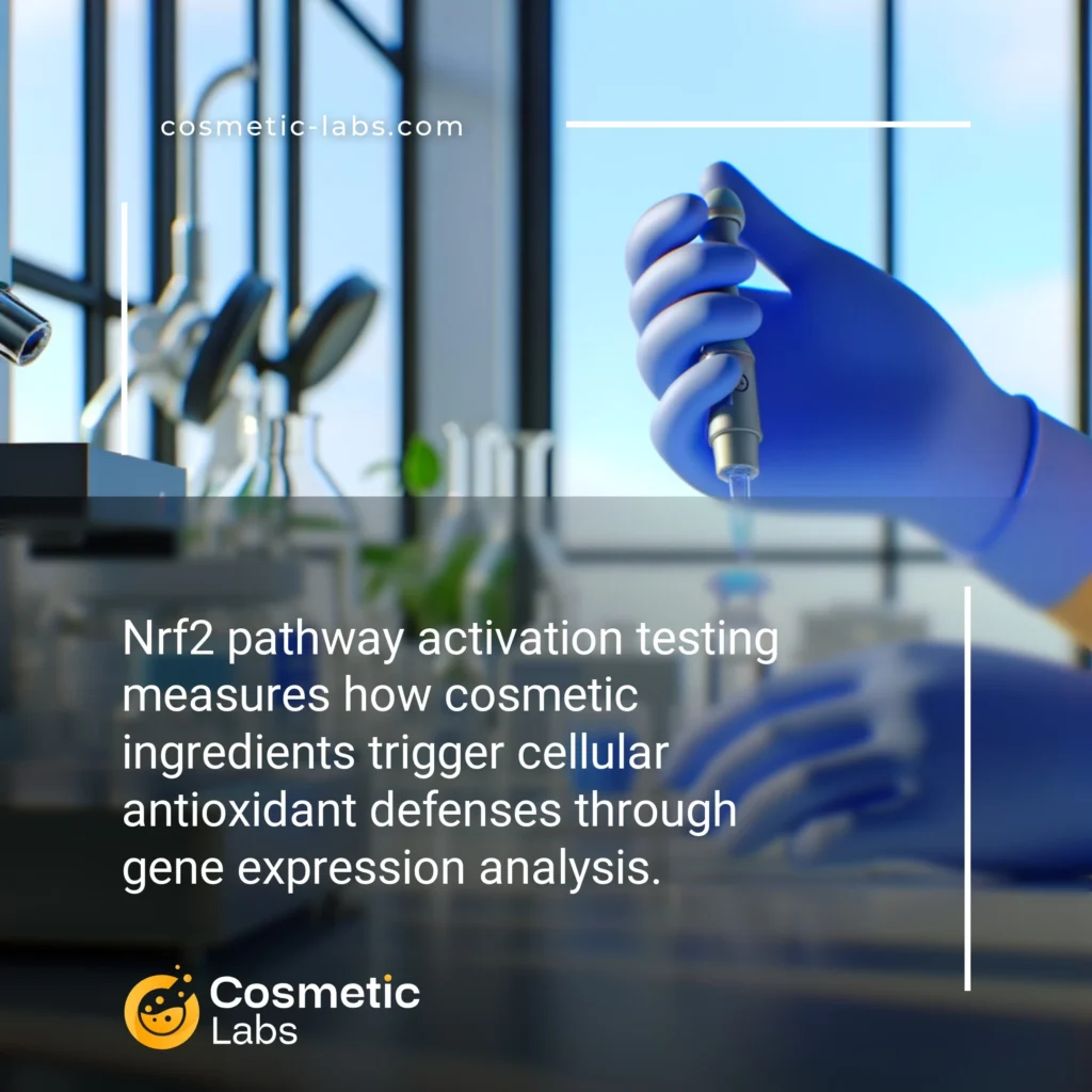 Illustration of Nrf2 pathway activation services. Nrf2 pathway activation testing measures how cosmetic ingredients trigger cellular antioxidant defenses through gene expression analysis.