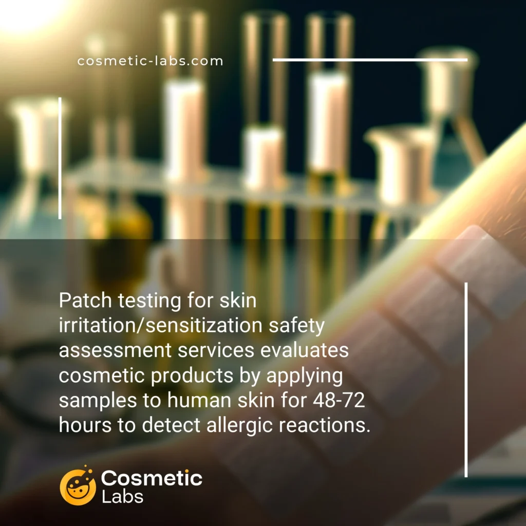 Illustration of Patch testing services. Patch testing for skin irritation/sensitization safety assessment services evaluates cosmetic products by applying samples to human skin for 48-72 hours to detect allergic reactions.