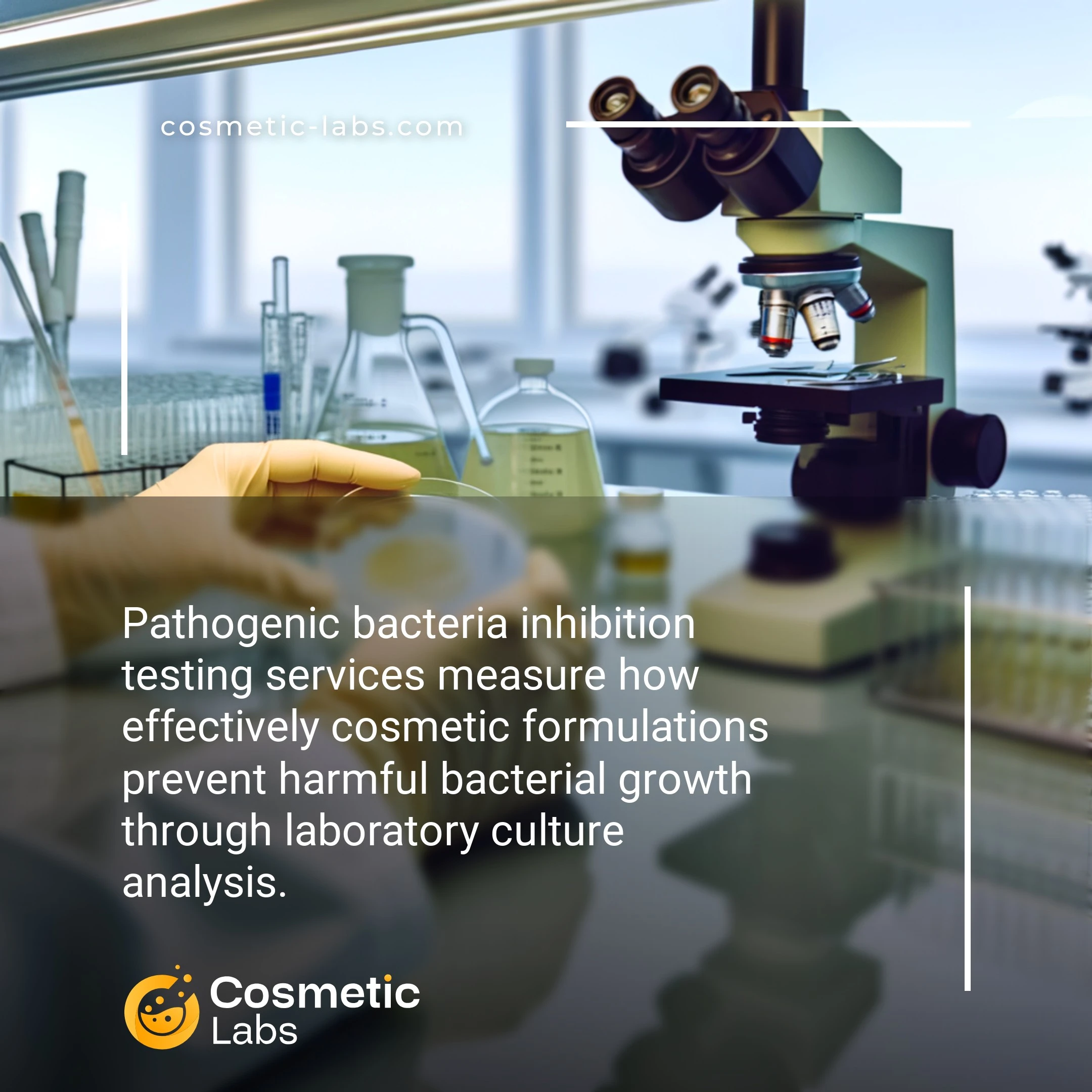 Illustration of Pathogenic bacteria inhibition testing services. Pathogenic bacteria inhibition testing services measure how effectively cosmetic formulations prevent harmful bacterial growth through laboratory culture analysis.