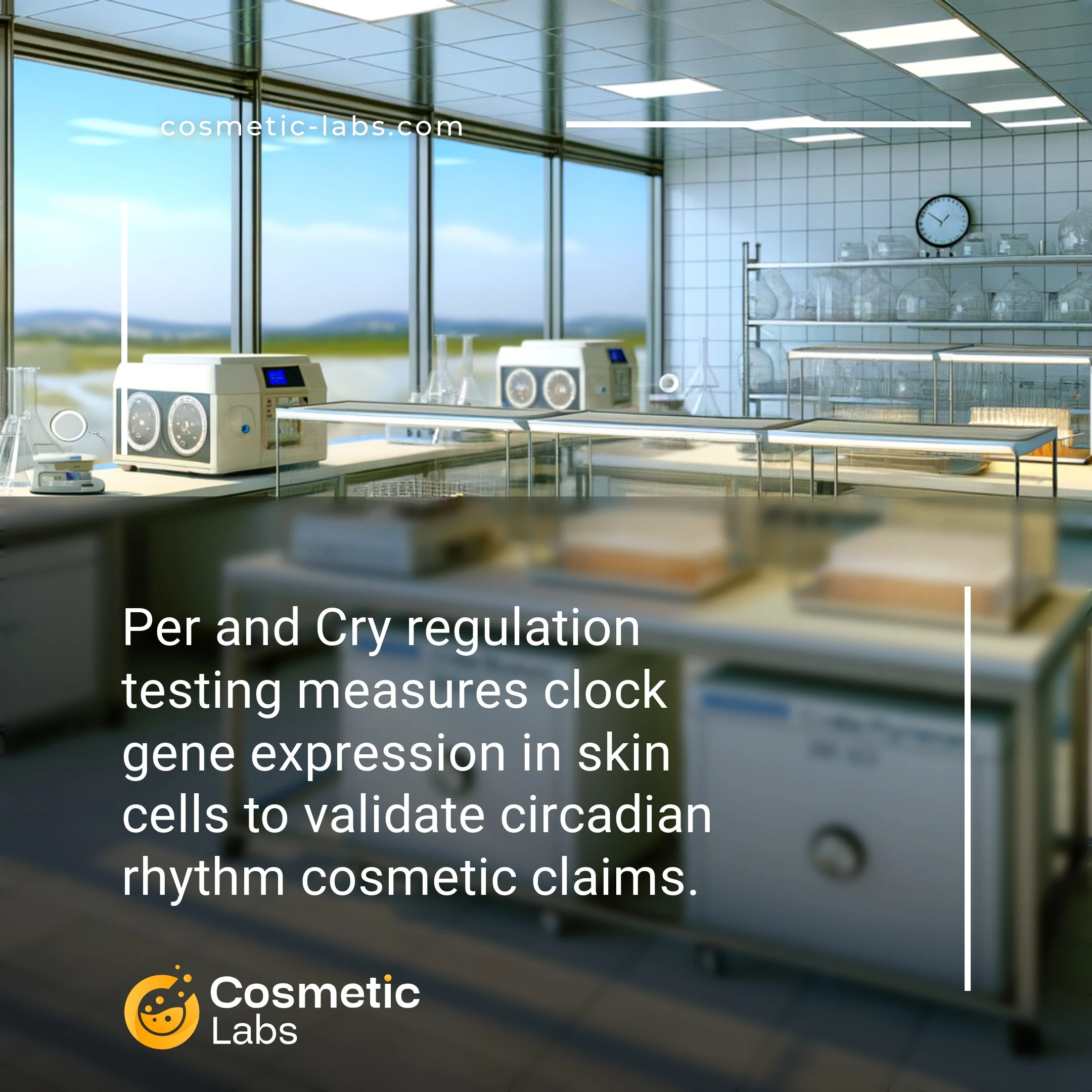Illustration of Per and Cry regulation services. Per and Cry regulation testing measures clock gene expression in skin cells to validate circadian rhythm cosmetic claims.