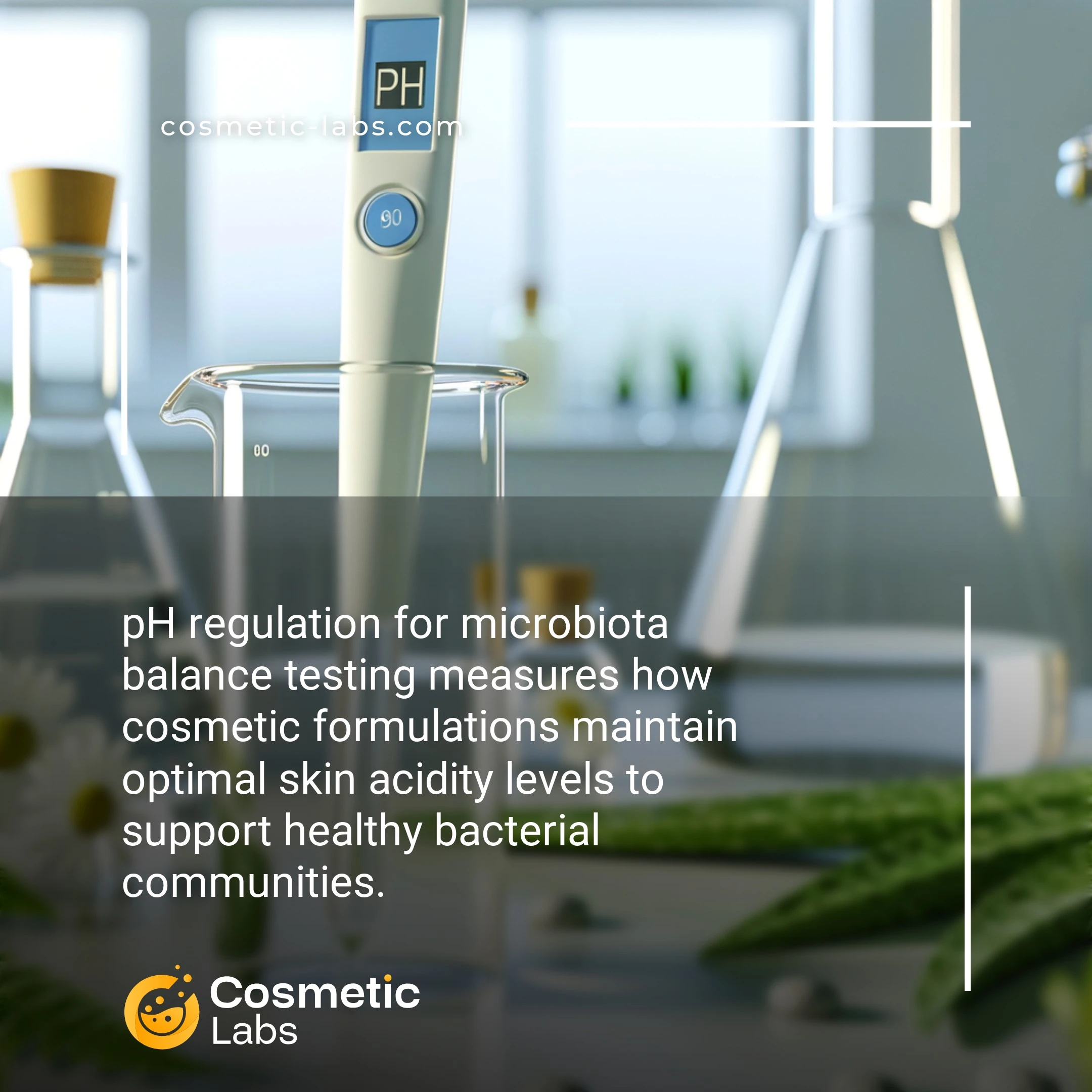Illustration of pH regulation services. pH regulation for microbiota balance testing measures how cosmetic formulations maintain optimal skin acidity levels to support healthy bacterial communities.