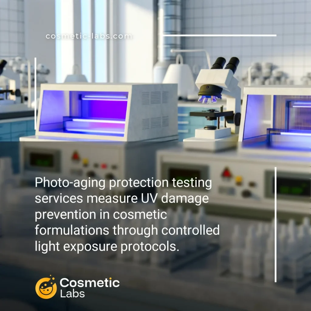 Illustration of Photo-aging protection testing services. Photo-aging protection testing services measure UV damage prevention in cosmetic formulations through controlled light exposure protocols.