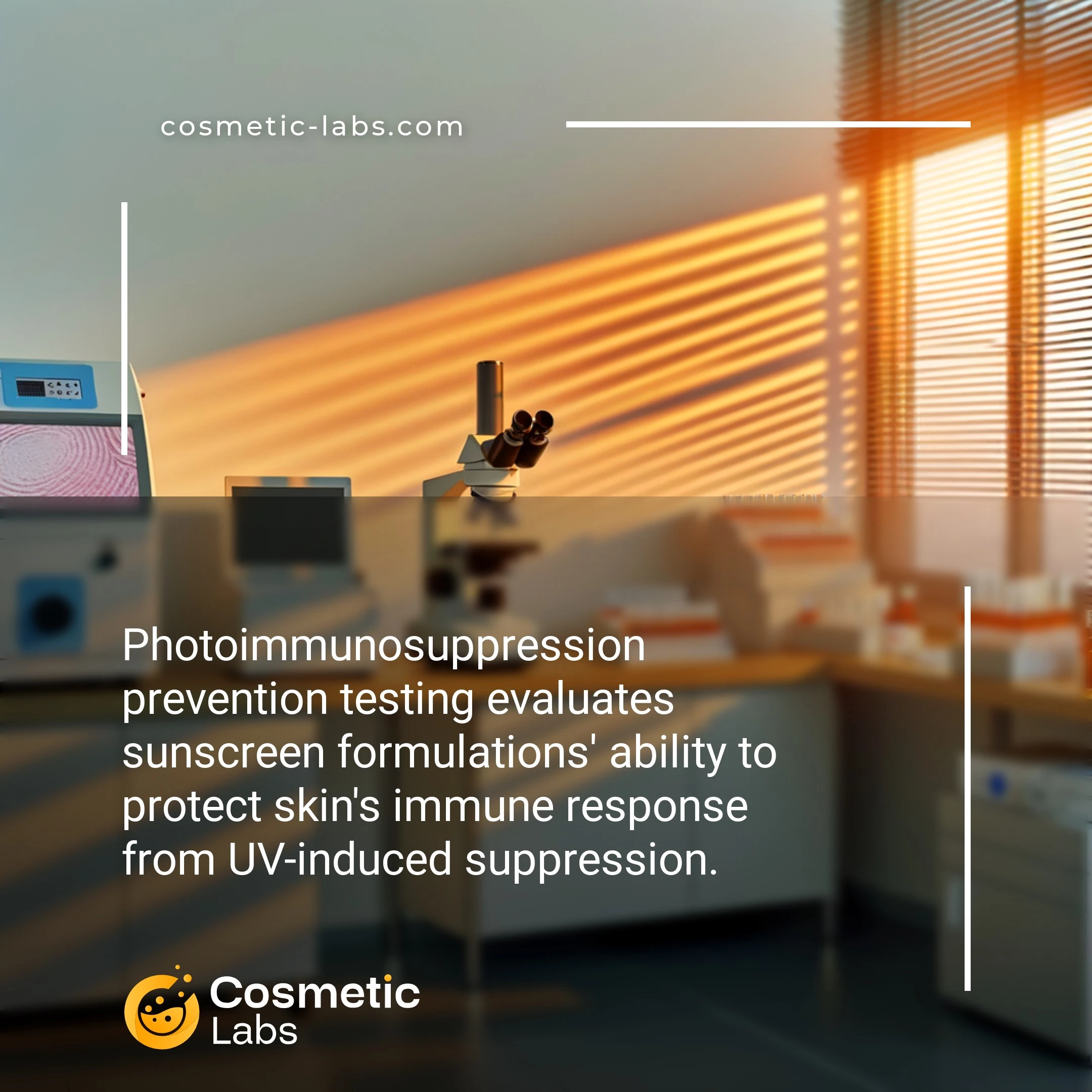 Illustration of Photoimmunosuppression prevention testing services. Photoimmunosuppression prevention testing evaluates sunscreen formulations' ability to protect skin's immune response from UV-induced suppression.