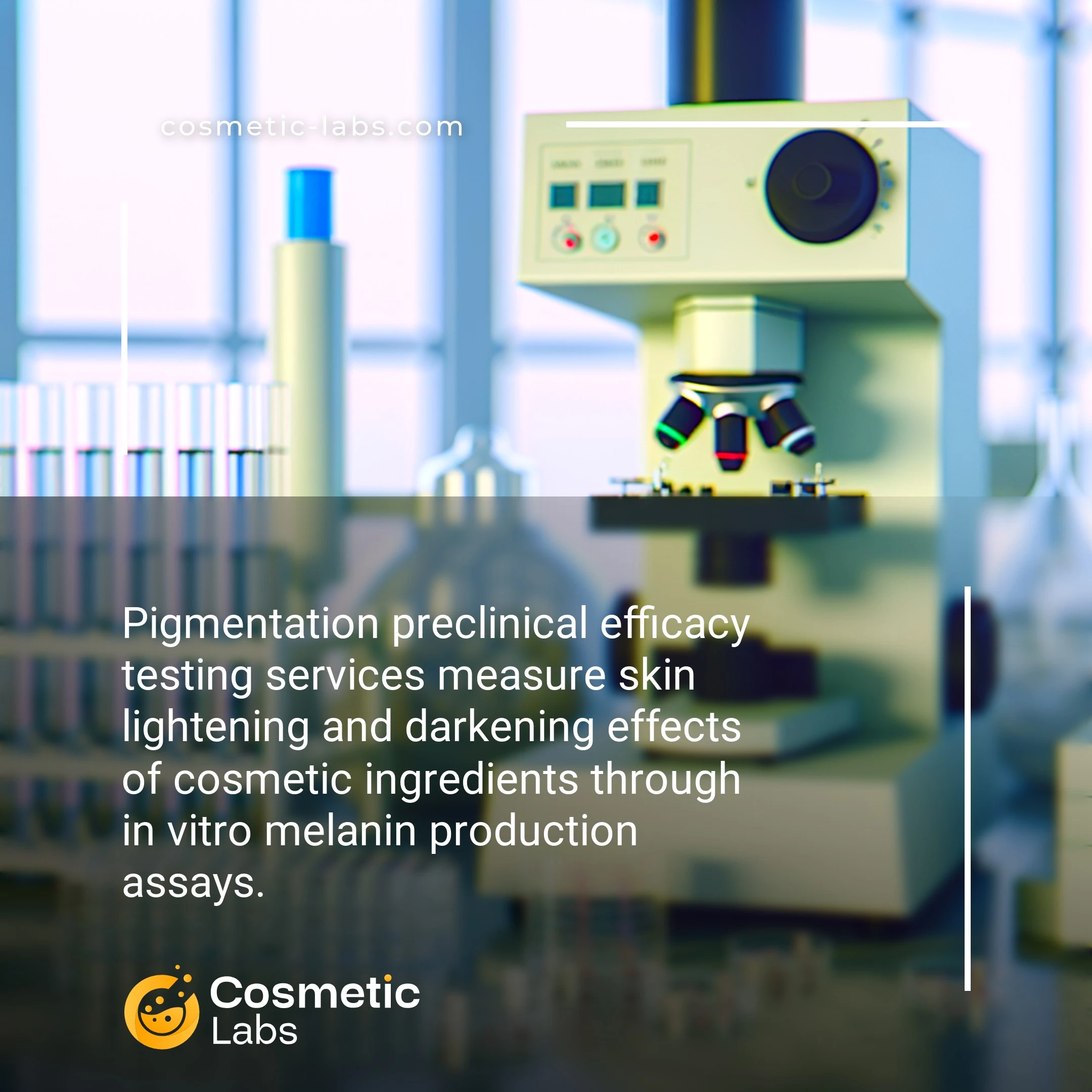 Illustration of Pigmentation efficacy testing services. Pigmentation preclinical efficacy testing services measure skin lightening and darkening effects of cosmetic ingredients through in vitro melanin production assays.