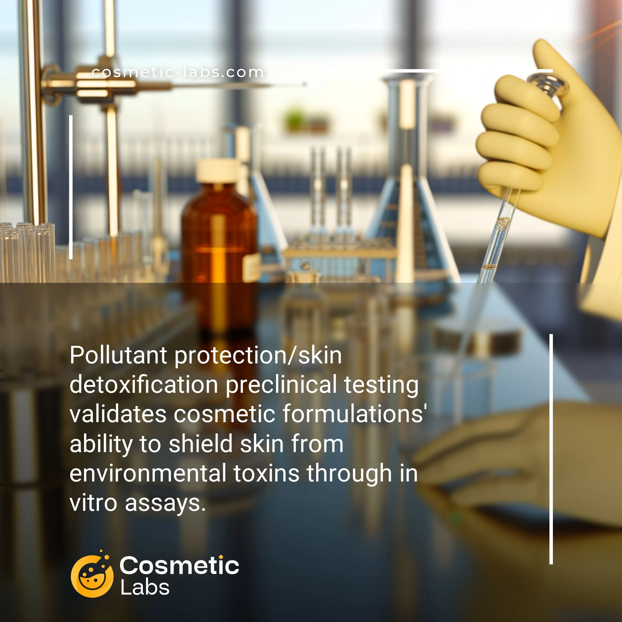 Illustration of Pollutant protection/skin detoxification preclinical testing services. Pollutant protection/skin detoxification preclinical testing validates cosmetic formulations' ability to shield skin from environmental toxins through in vitro assays.