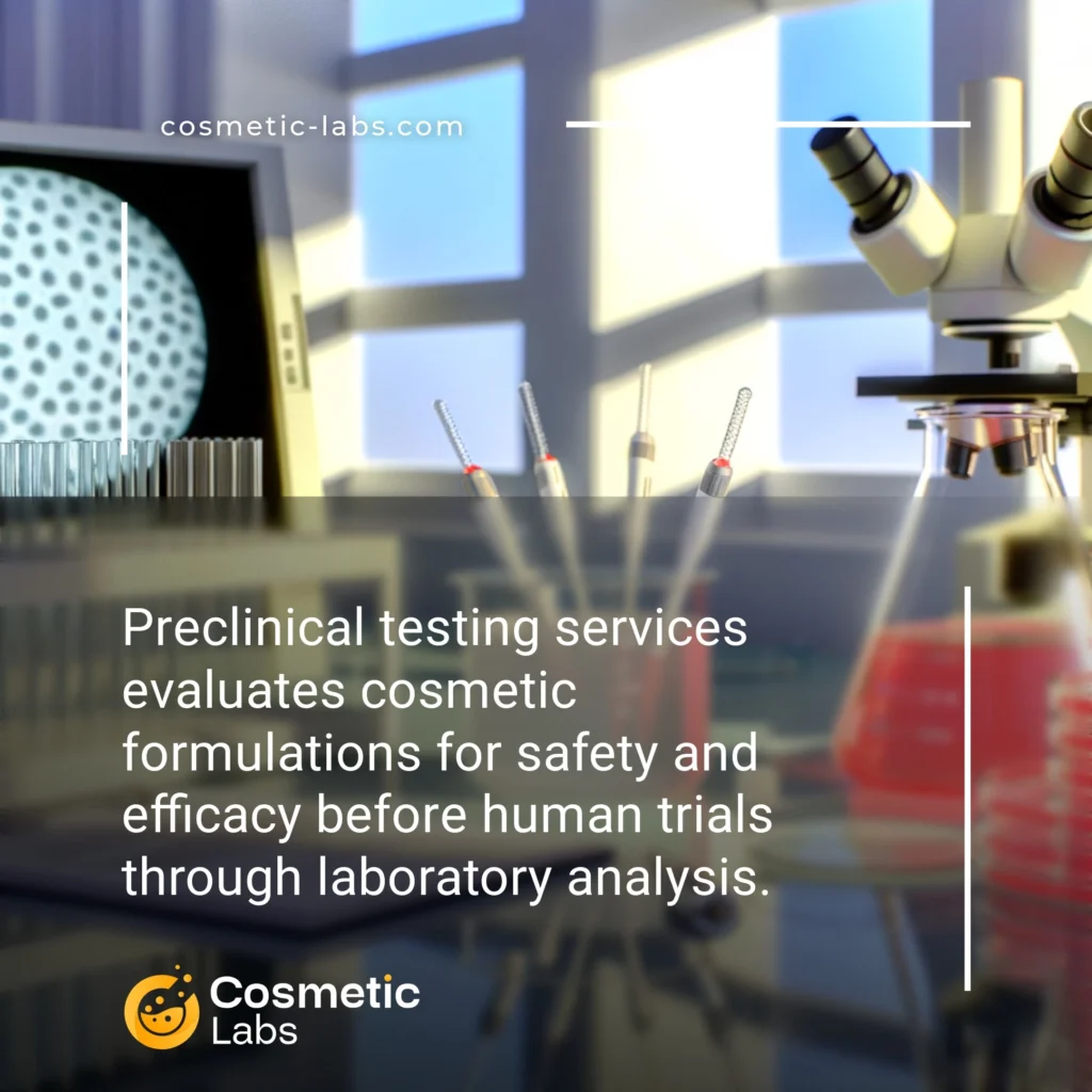 Illustration of Preclinical testing services. Preclinical testing services evaluates cosmetic formulations for safety and efficacy before human trials through laboratory analysis.