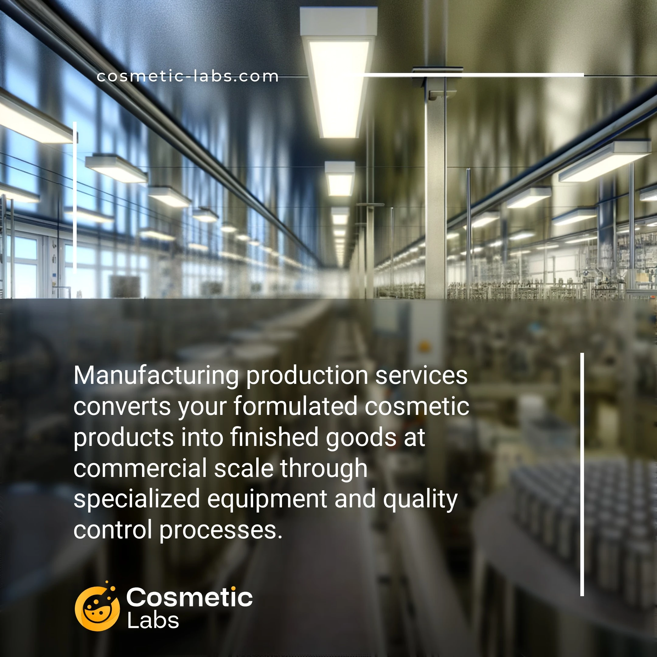 Illustration of Production services. Production services converts your formulated cosmetic products into finished goods at commercial scale through specialized equipment and quality control processes.