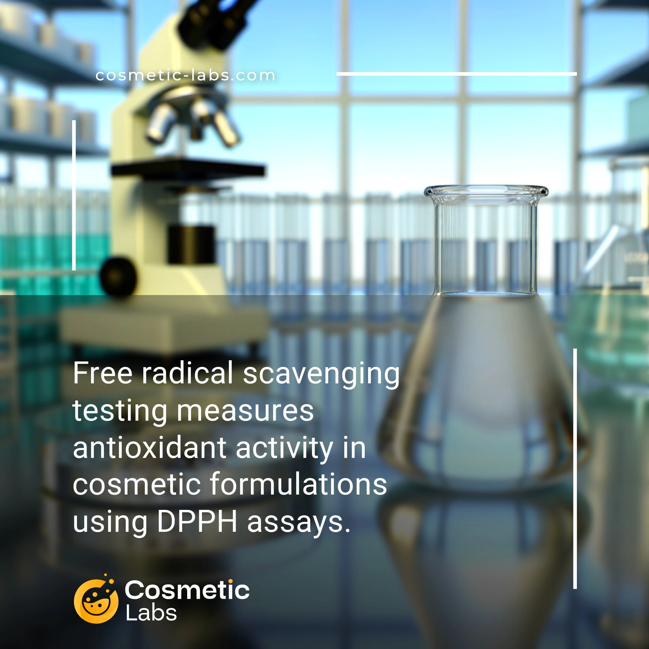 Illustration of Free radical scavenging services. Free radical scavenging testing measures antioxidant activity in cosmetic formulations using DPPH assays.