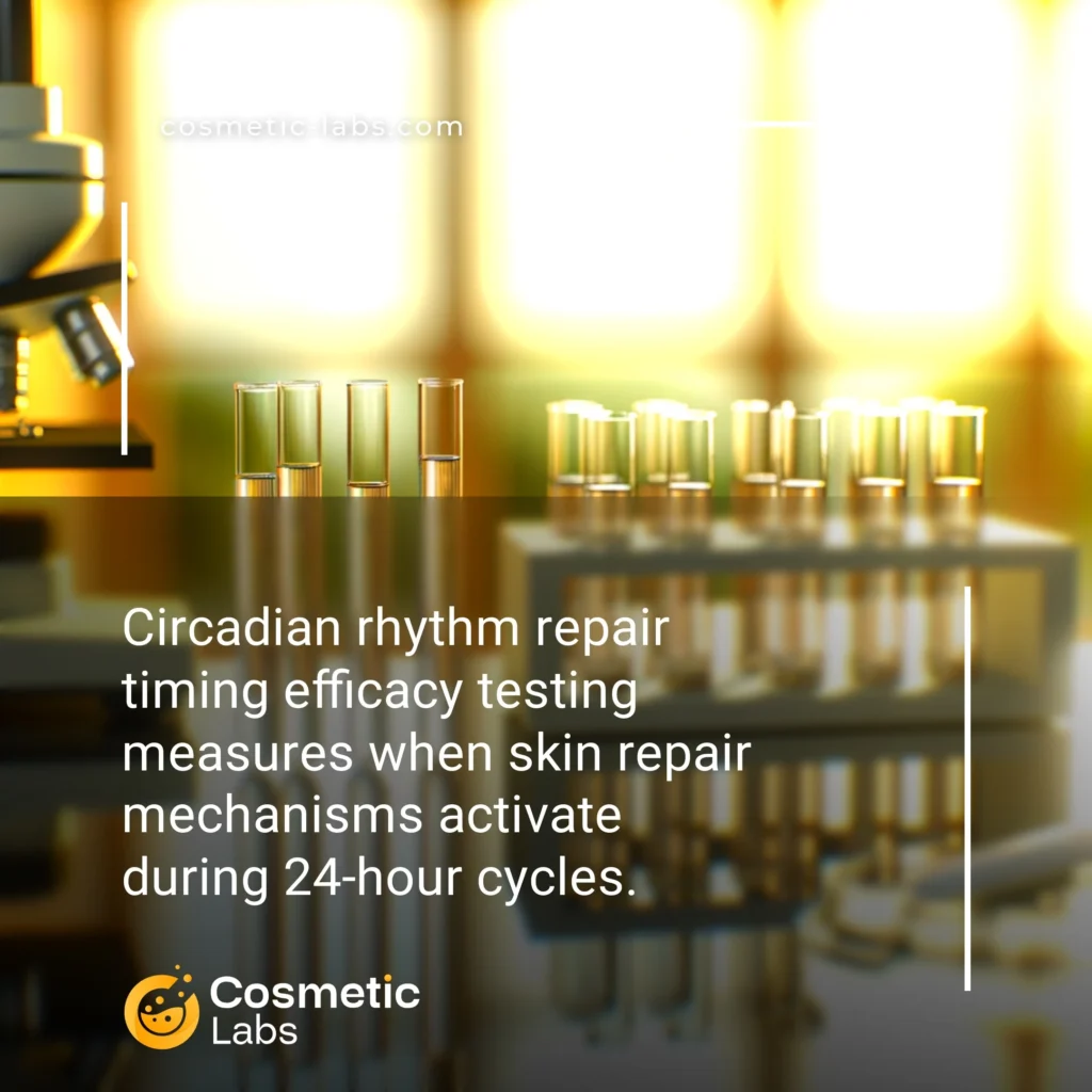 Illustration of Repair mechanisms timing services. Circadian rhythm repair timing efficacy testing measures when skin repair mechanisms activate during 24-hour cycles.