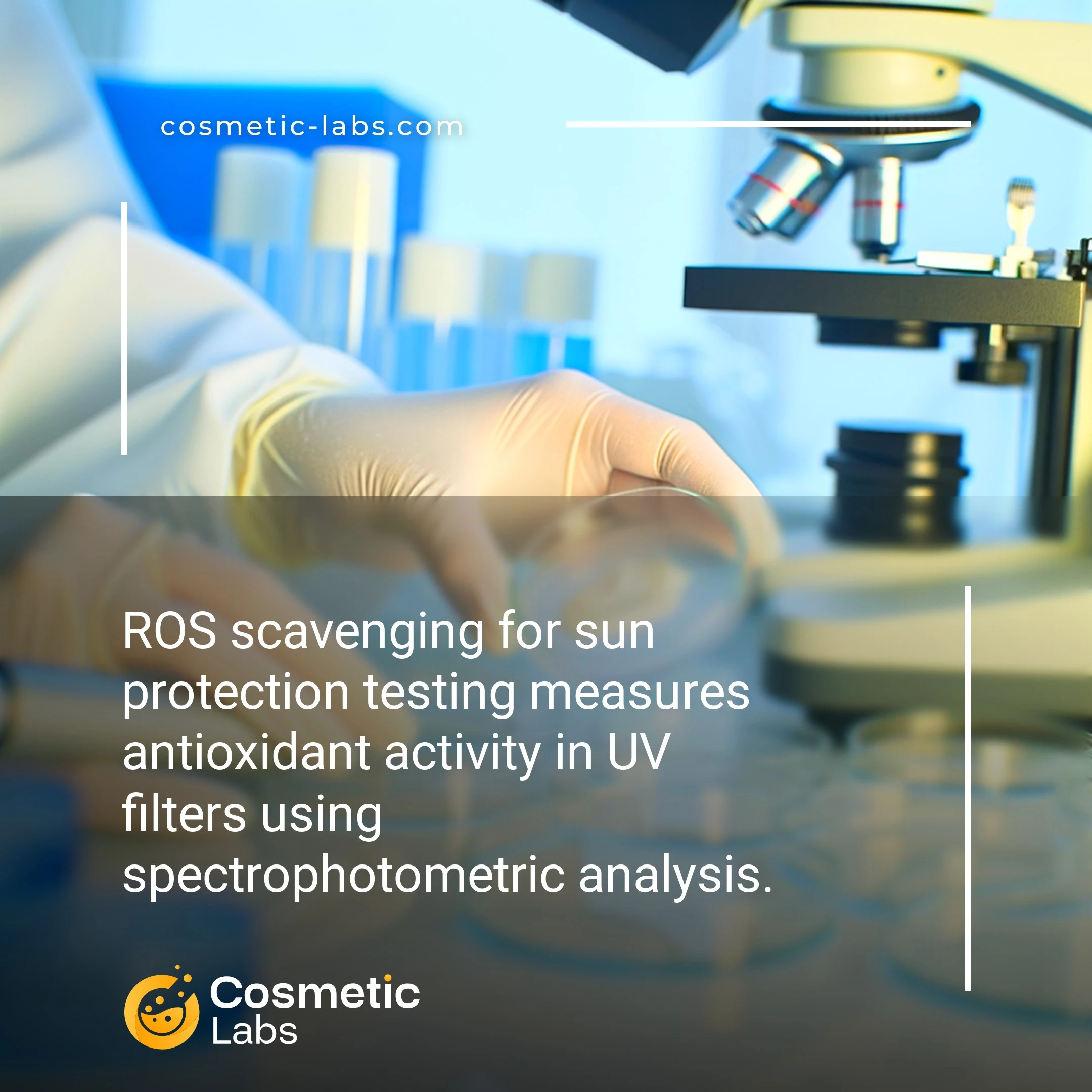 Illustration of ROS scavenging services. ROS scavenging for sun protection testing measures antioxidant activity in UV filters using spectrophotometric analysis.