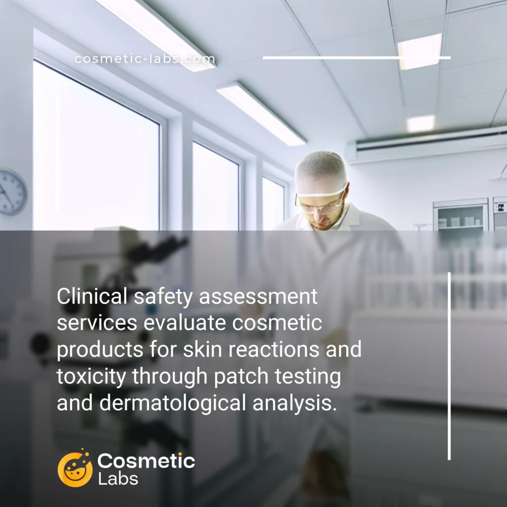 Illustration of Clinical safety assessment services. Clinical safety assessment services evaluate cosmetic products for skin reactions and toxicity through patch testing and dermatological analysis.
