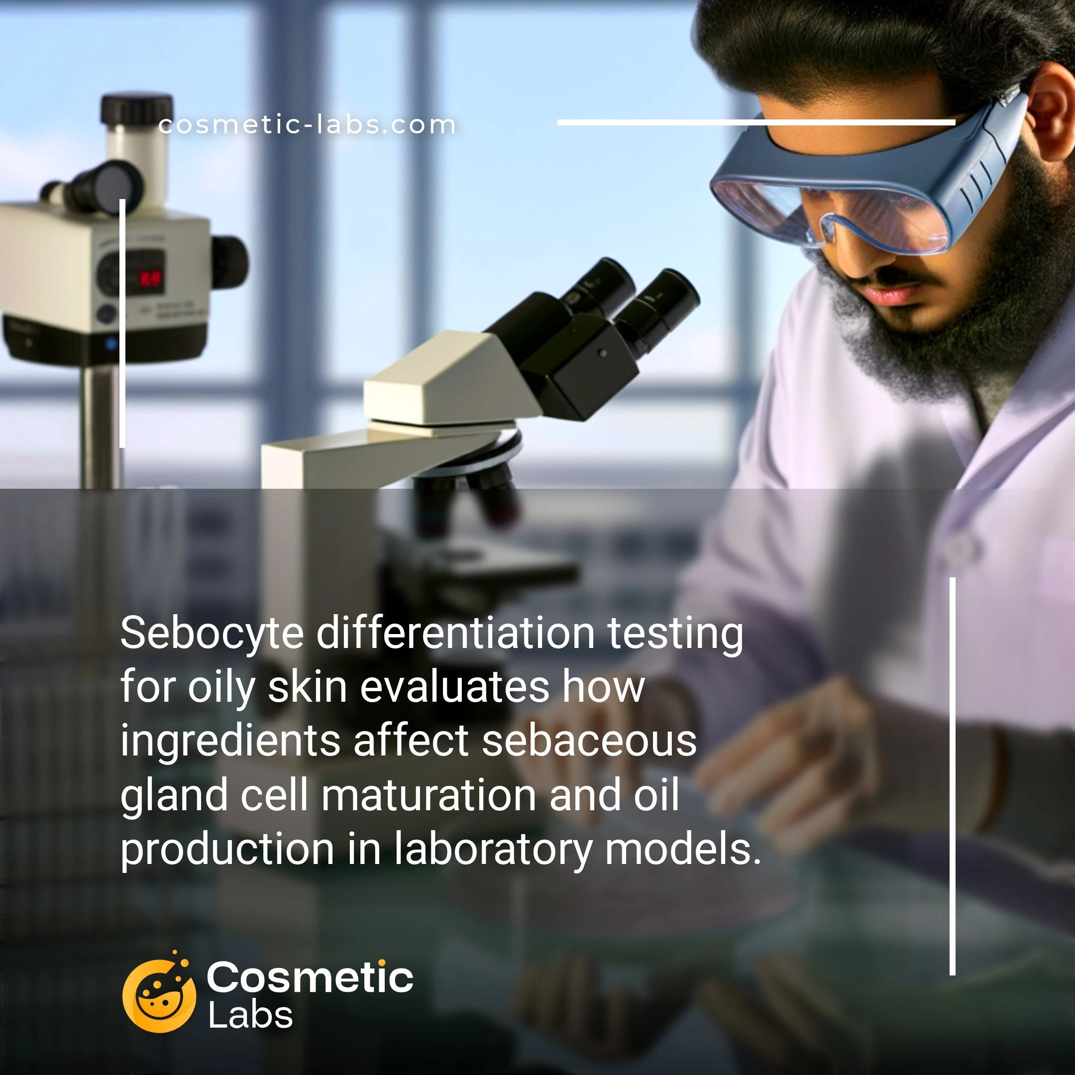 Illustration of Sebocytes differentiation services. Sebocyte differentiation testing for oily skin evaluates how ingredients affect sebaceous gland cell maturation and oil production in laboratory models.