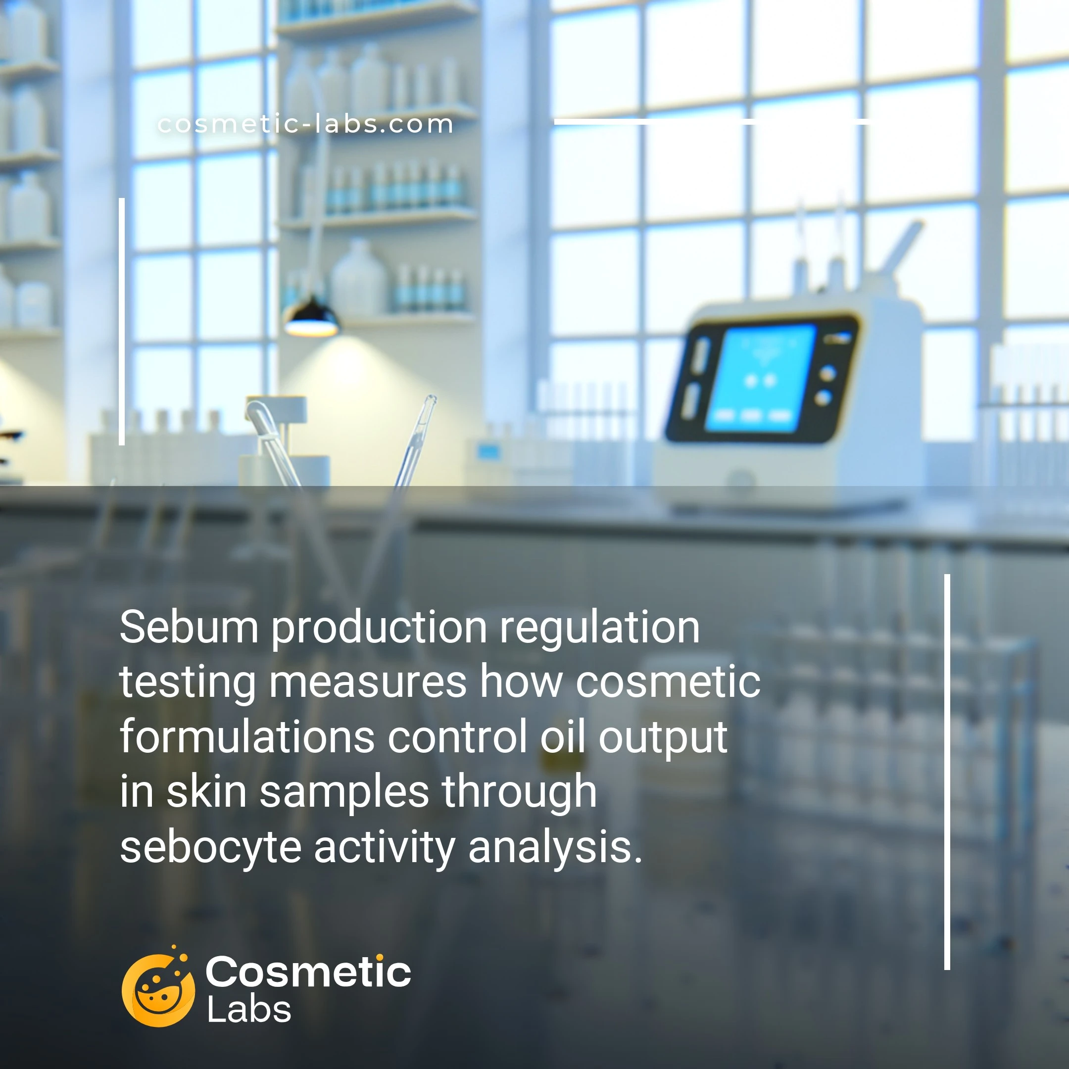 Illustration of Sebum production regulation services. Sebum production regulation testing measures how cosmetic formulations control oil output in skin samples through sebocyte activity analysis.