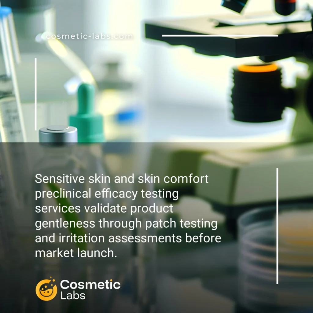 Illustration of Sensitive skin and skin comfort efficacy testing services. Sensitive skin and skin comfort preclinical efficacy testing services validate product gentleness through patch testing and irritation assessments before market launch.
