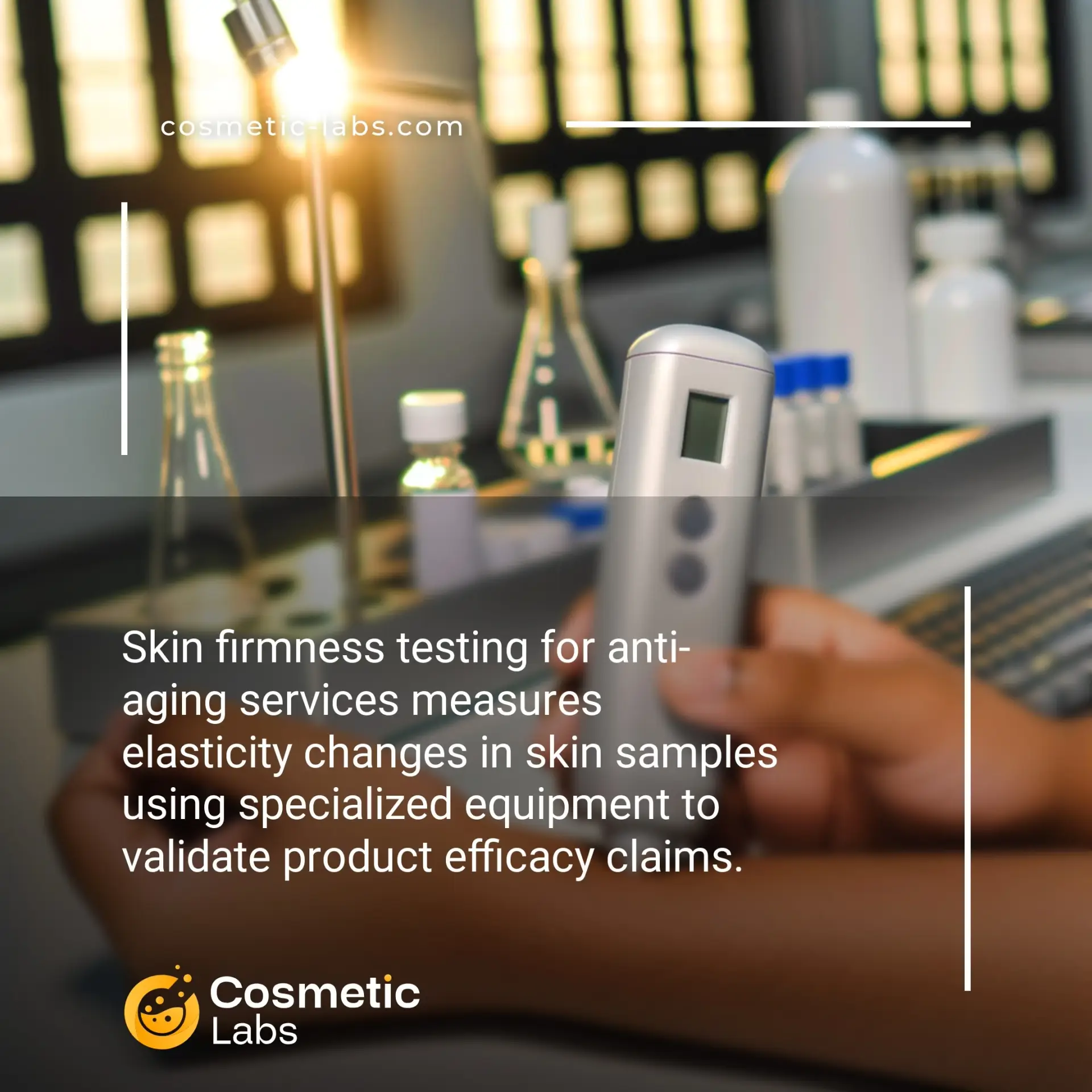 Illustration of Skin firmness testing services. Skin firmness testing for anti-aging services measures elasticity changes in skin samples using specialized equipment to validate product efficacy claims.