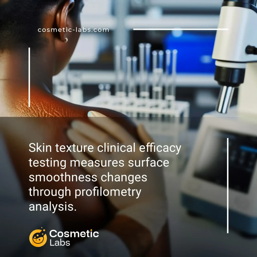 Illustration of Skin texture efficacy testing services. Skin texture clinical efficacy testing measures surface smoothness changes through profilometry analysis.