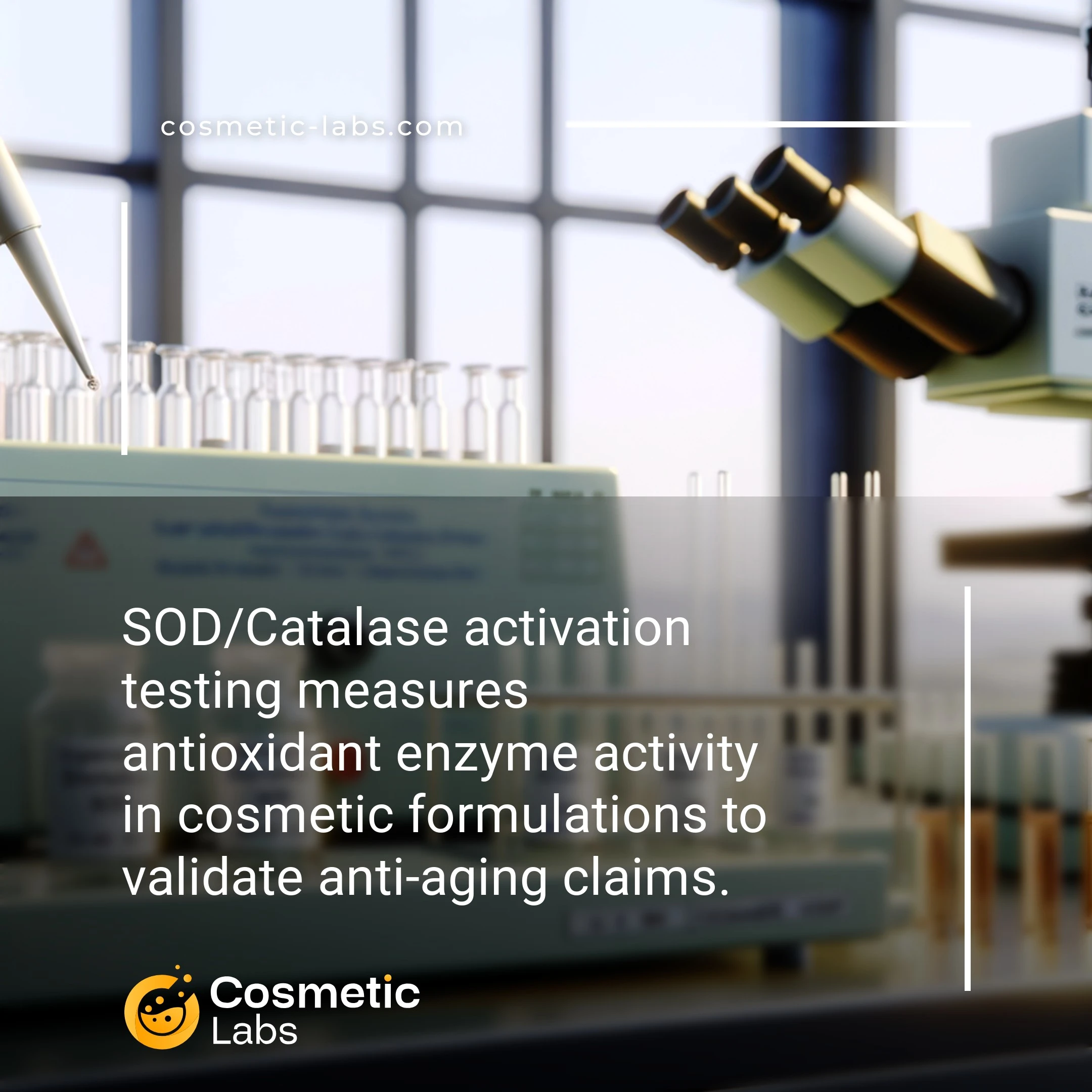 Illustration of SOD/Catalase activation services. SOD/Catalase activation testing measures antioxidant enzyme activity in cosmetic formulations to validate anti-aging claims.