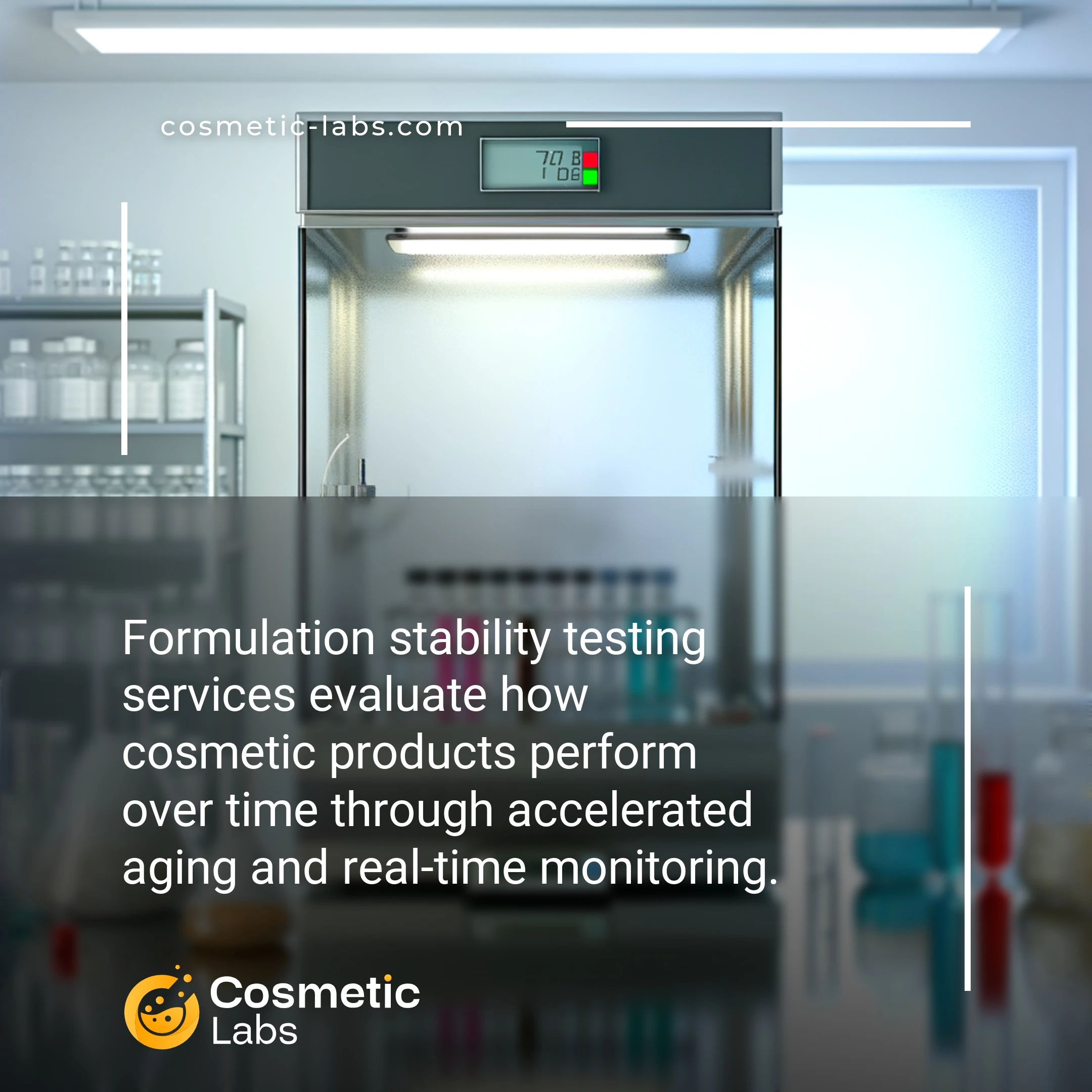 Illustration of Formulation stability testing services. Formulation stability testing services evaluate how cosmetic products perform over time through accelerated aging and real-time monitoring.