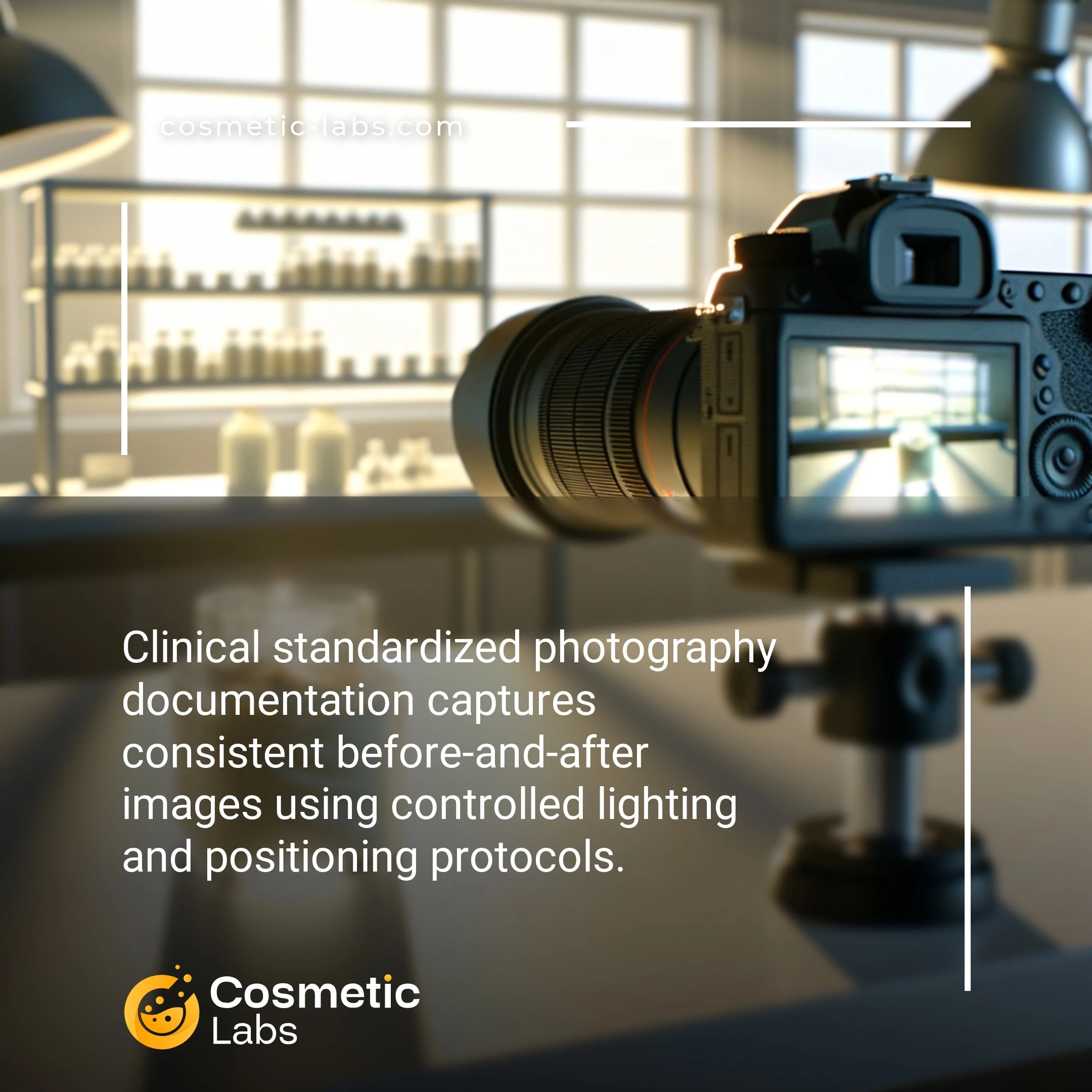 Illustration of Clinical standardized photography documentation services. Clinical standardized photography documentation captures consistent before-and-after images using controlled lighting and positioning protocols.