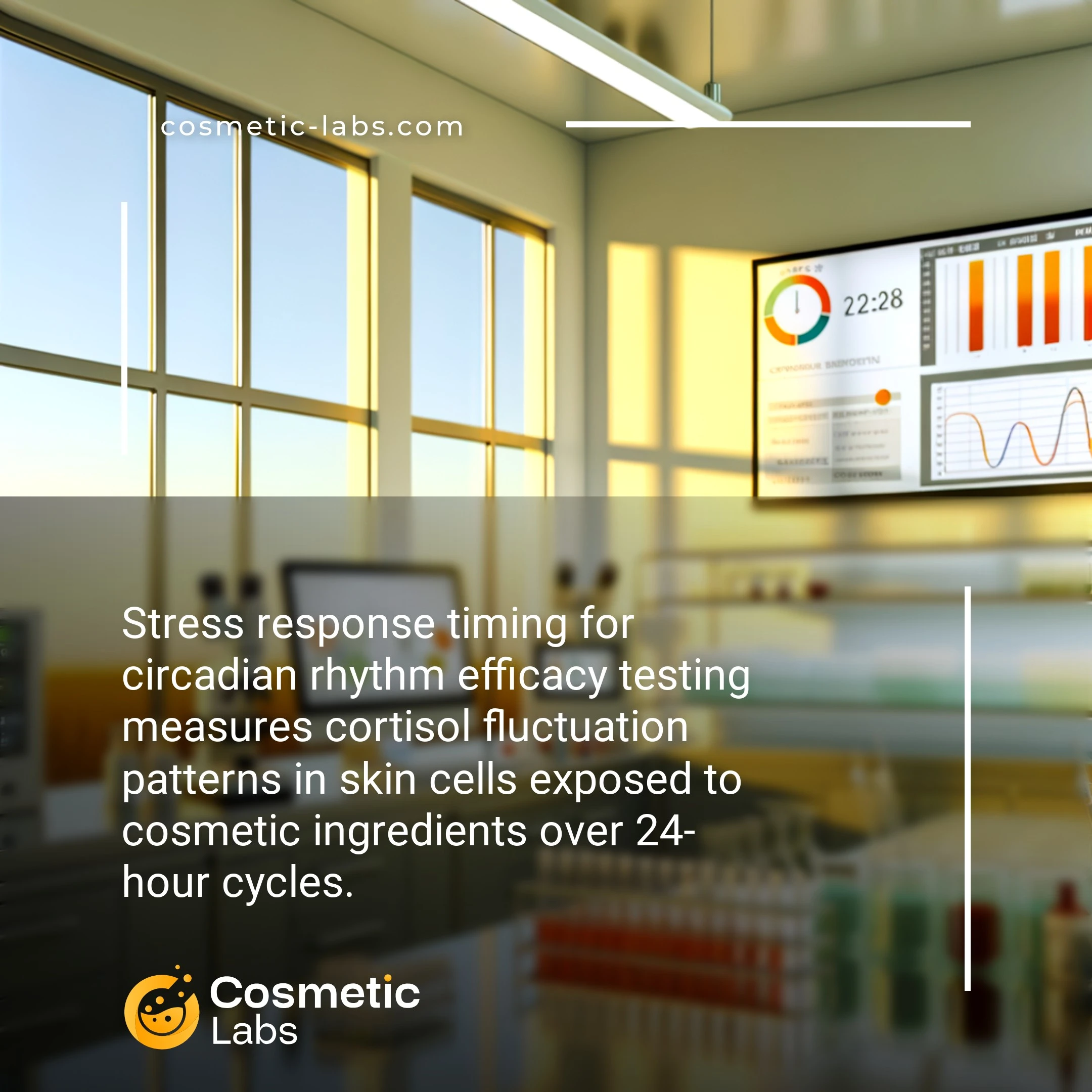 Illustration of Stress response timing services. Stress response timing for circadian rhythm efficacy testing measures cortisol fluctuation patterns in skin cells exposed to cosmetic ingredients over 24-hour cycles.