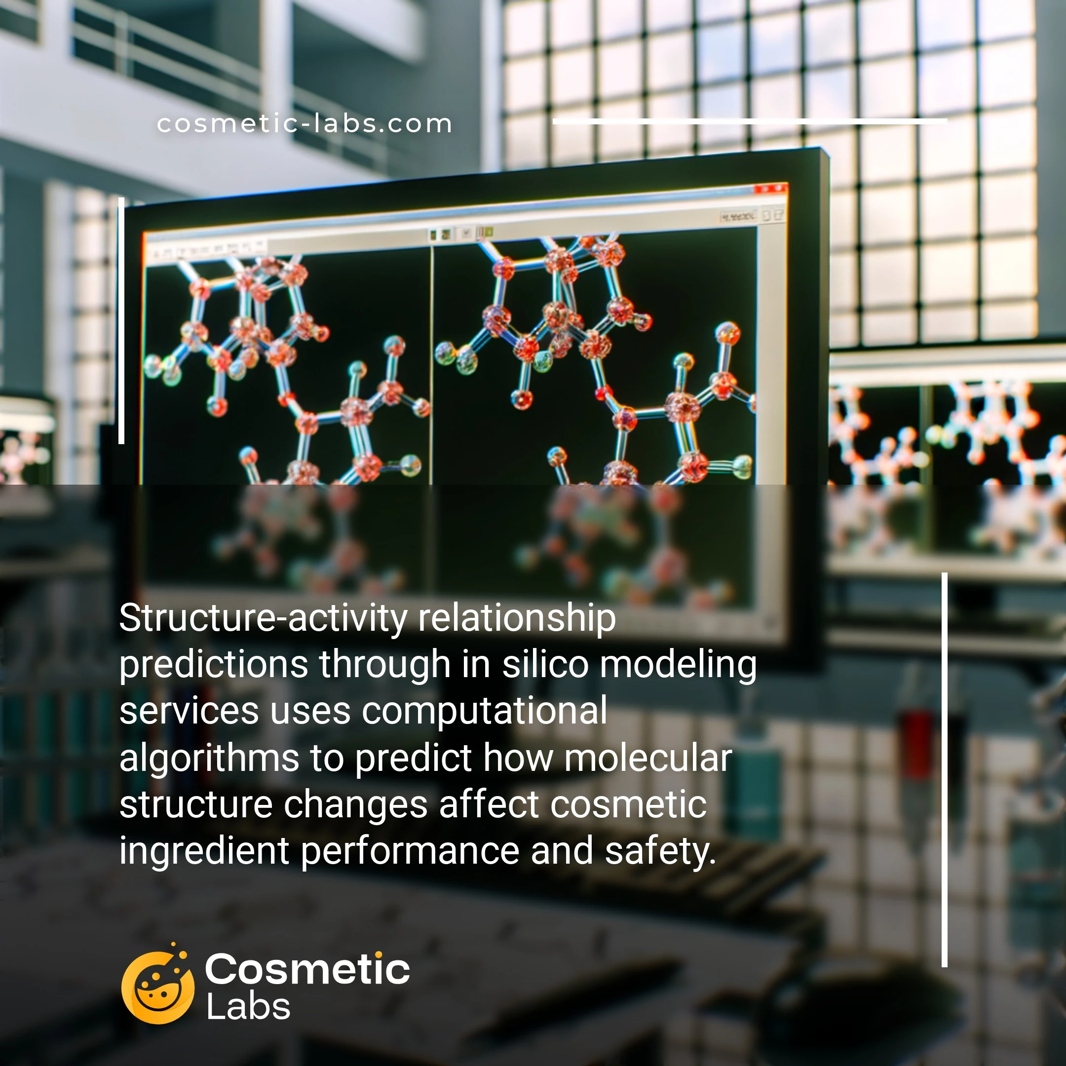 Illustration of Structure-activity relationship predictions through in silico modeling services. Structure-activity relationship predictions through in silico modeling services uses computational algorithms to predict how molecular structure changes affect cosmetic ingredient performance and safety.