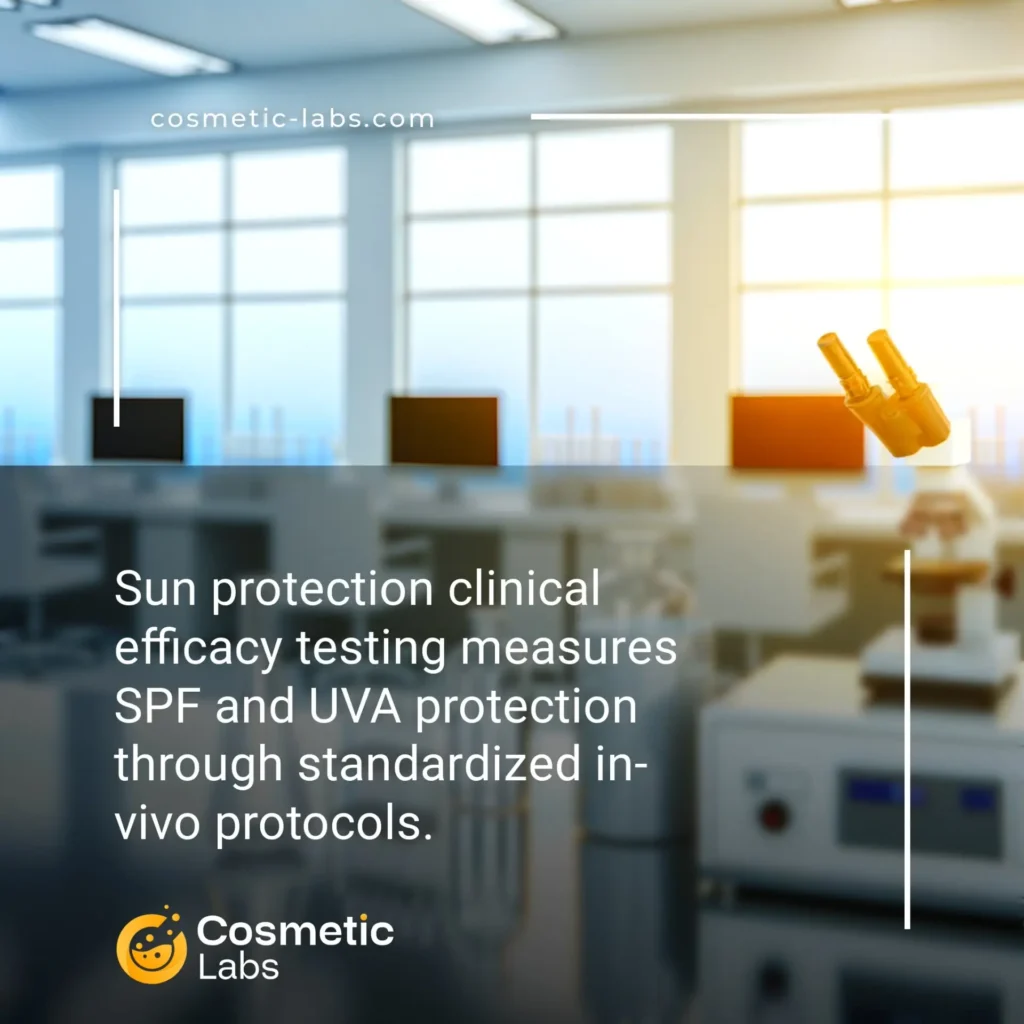 Illustration of Sun protection efficacy testing services. Sun protection clinical efficacy testing measures SPF and UVA protection through standardized in-vivo protocols.