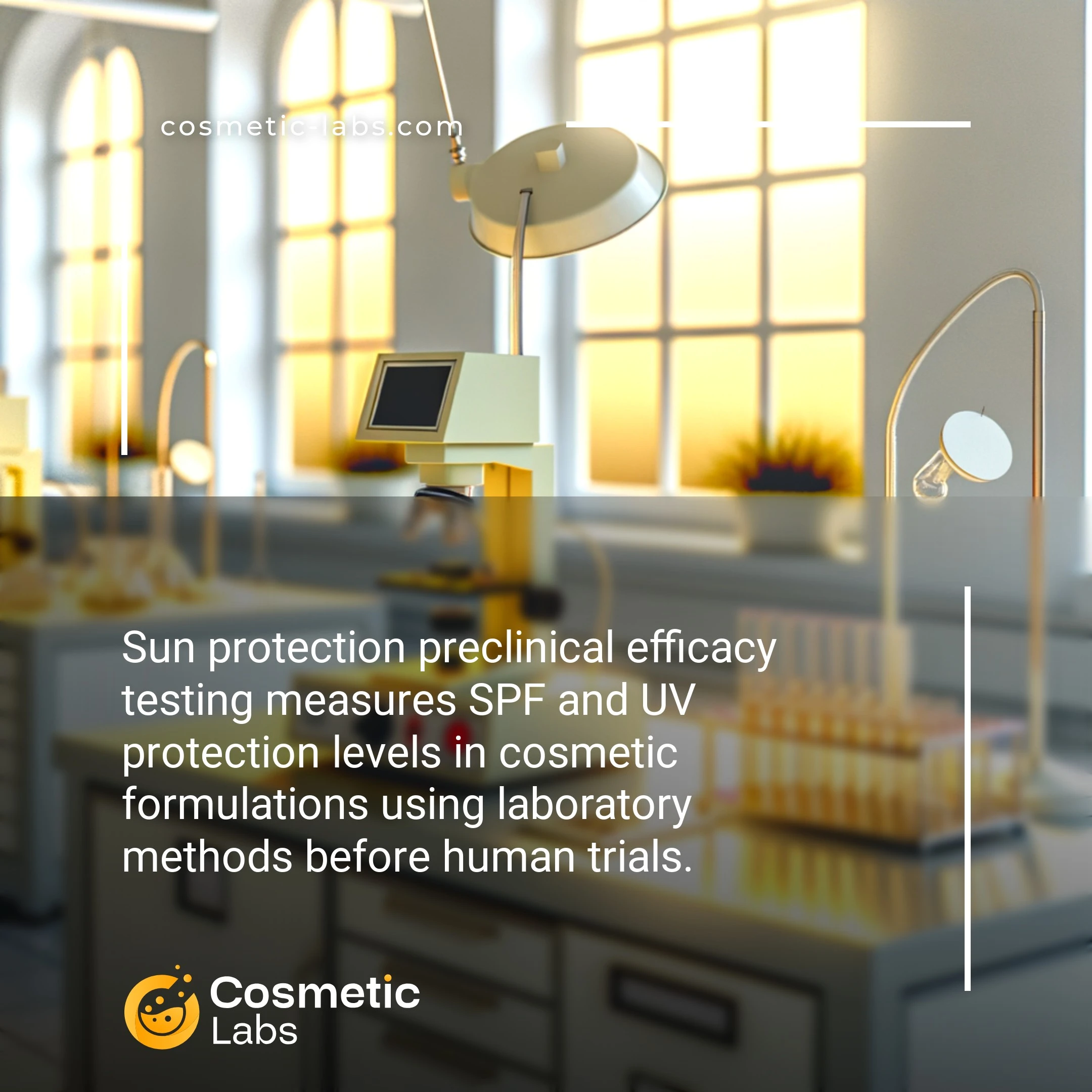Illustration of Sun protection efficacy testing services. Sun protection preclinical efficacy testing measures SPF and UV protection levels in cosmetic formulations using laboratory methods before human trials.