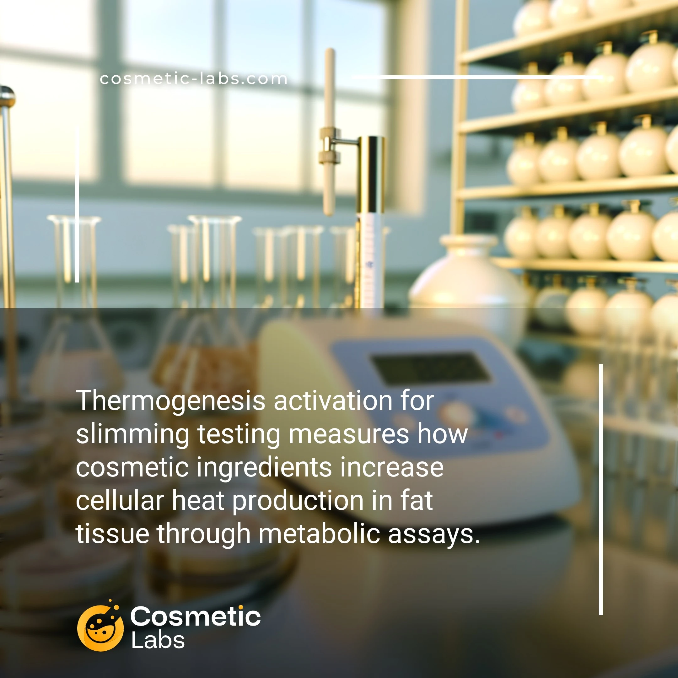Illustration of Thermogenesis activation services. Thermogenesis activation for slimming testing measures how cosmetic ingredients increase cellular heat production in fat tissue through metabolic assays.