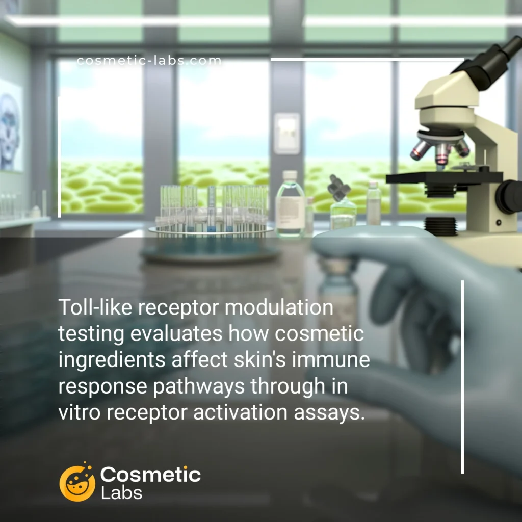 Illustration of Toll-like receptor modulation services. Toll-like receptor modulation testing evaluates how cosmetic ingredients affect skin's immune response pathways through in vitro receptor activation assays.
