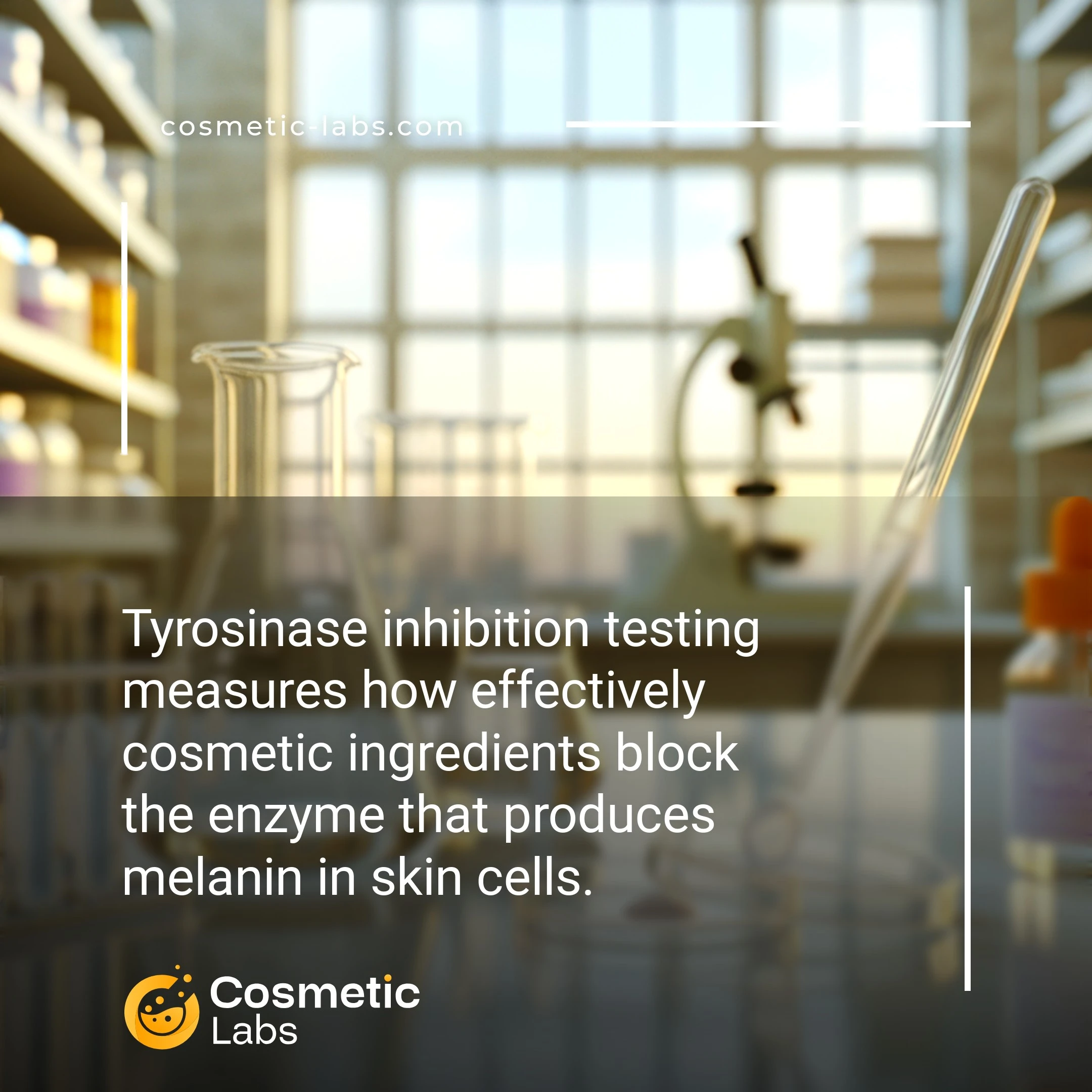 Illustration of Tyrosinase inhibition services. Tyrosinase inhibition testing measures how effectively cosmetic ingredients block the enzyme that produces melanin in skin cells.
