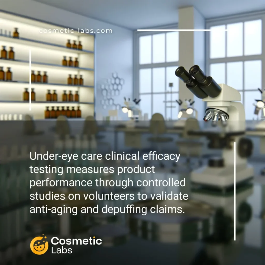 Illustration of Under-eye care efficacy testing services. Under-eye care clinical efficacy testing measures product performance through controlled studies on volunteers to validate anti-aging and depuffing claims.