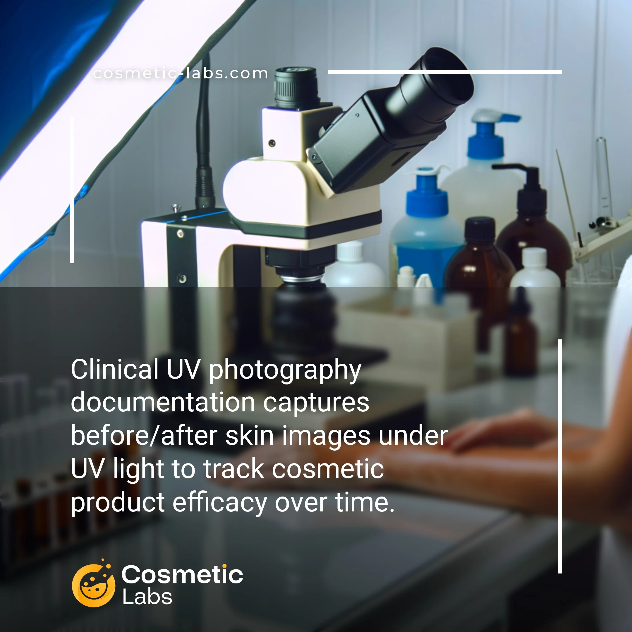 Illustration of Clinical UV photography documentation services. Clinical UV photography documentation captures before/after skin images under UV light to track cosmetic product efficacy over time.