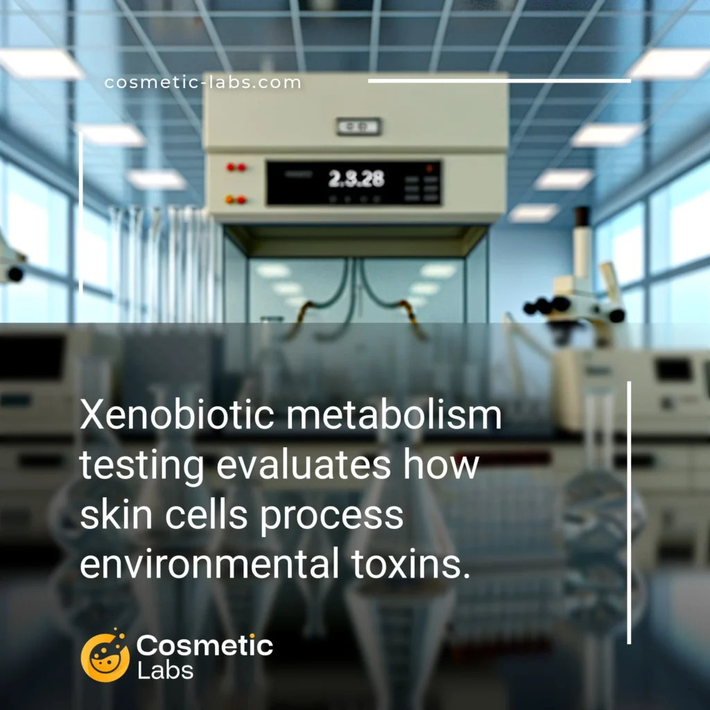 Illustration of Xenobiotic metabolism services. Xenobiotic metabolism testing evaluates how skin cells process environmental toxins.