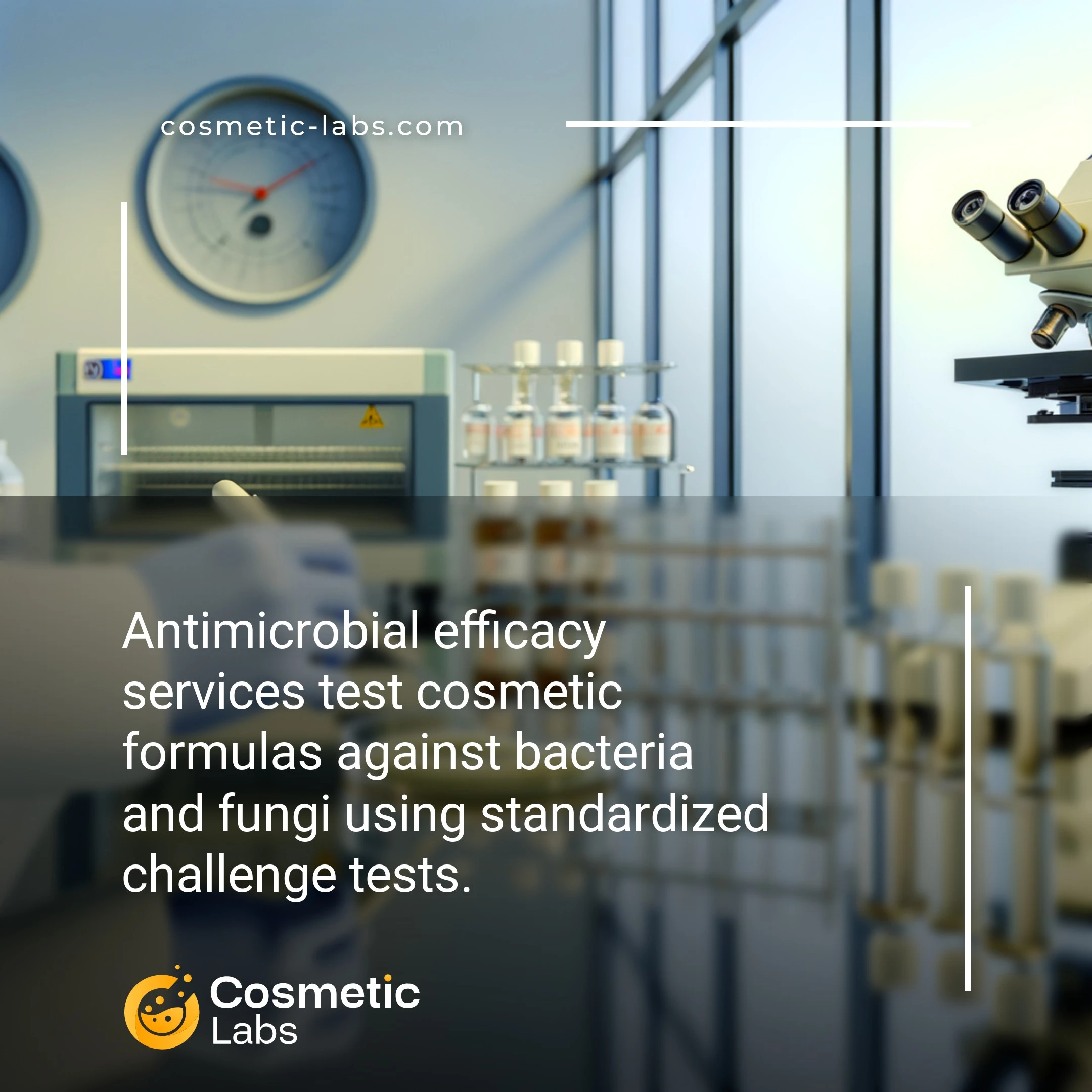 Illustration of Antimicrobial efficacy services. Antimicrobial efficacy services test cosmetic formulas against bacteria and fungi using standardized challenge tests.