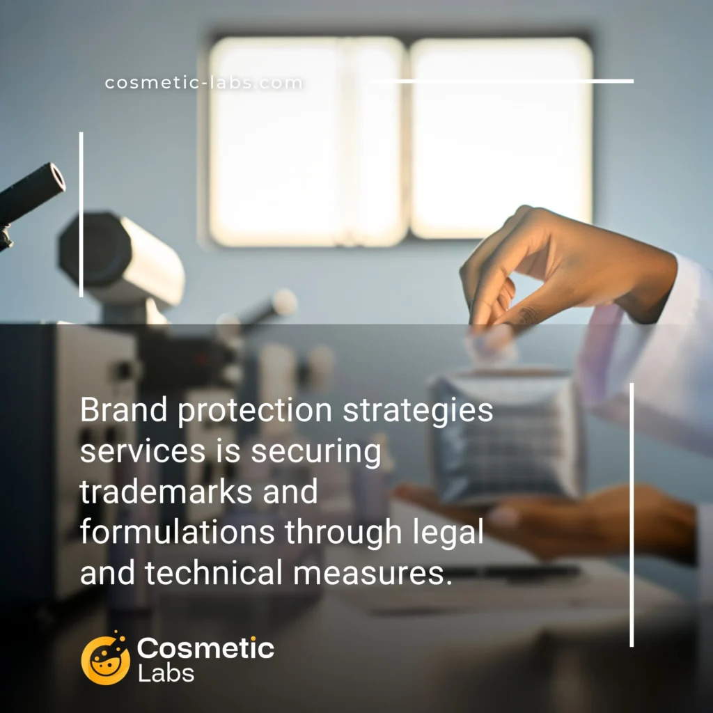 Illustration of Brand protection strategies services. Brand protection strategies services is securing trademarks and formulations through legal and technical measures.