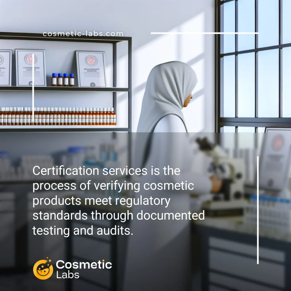 Illustration of Certification services services. Certification services is the process of verifying cosmetic products meet regulatory standards through documented testing and audits.