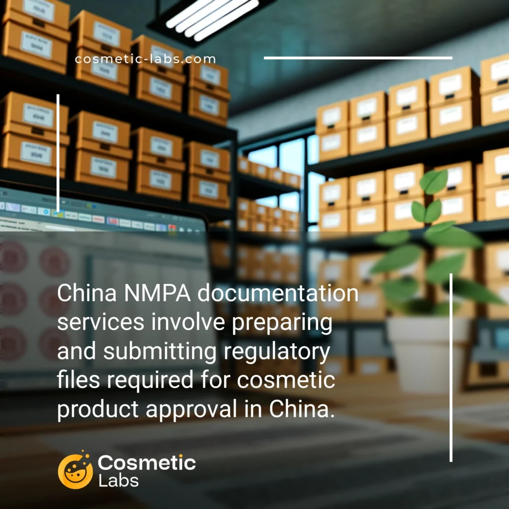 Illustration of China NMPA documentation services. China NMPA documentation services involve preparing and submitting regulatory files required for cosmetic product approval in China.