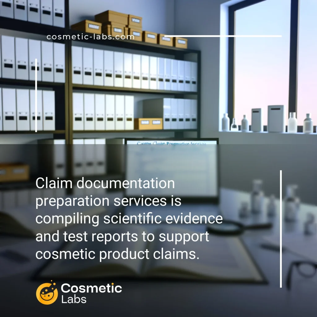 Illustration of Claim documentation preparation services. Claim documentation preparation services is compiling scientific evidence and test reports to support cosmetic product claims.