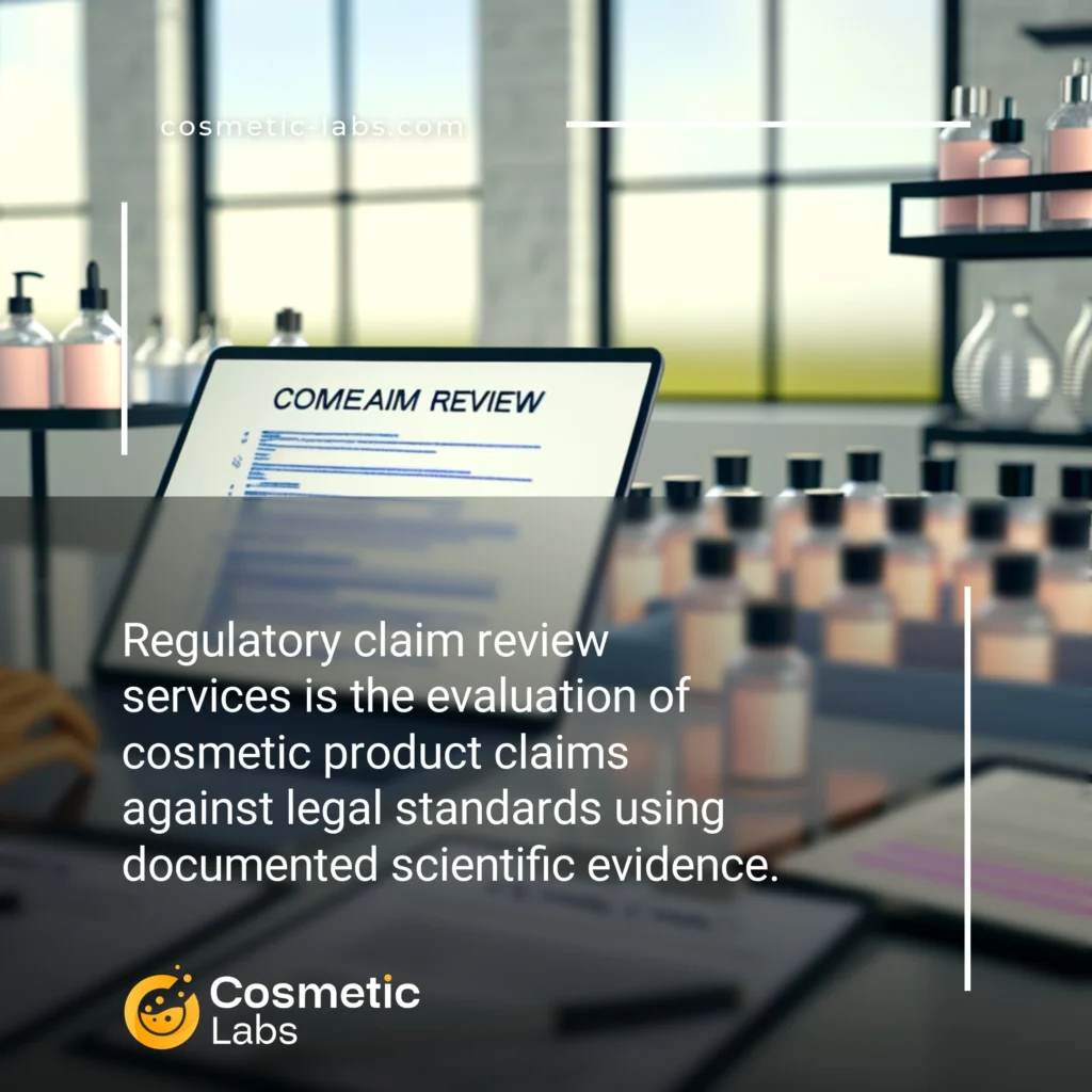 Illustration of Regulatory claim review services. Regulatory claim review services is the evaluation of cosmetic product claims against legal standards using documented scientific evidence.