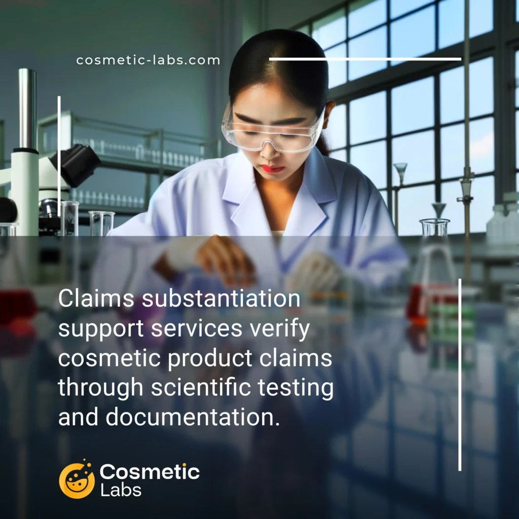 Illustration of Claims substantiation support services. Claims substantiation support services verify cosmetic product claims through scientific testing and documentation.